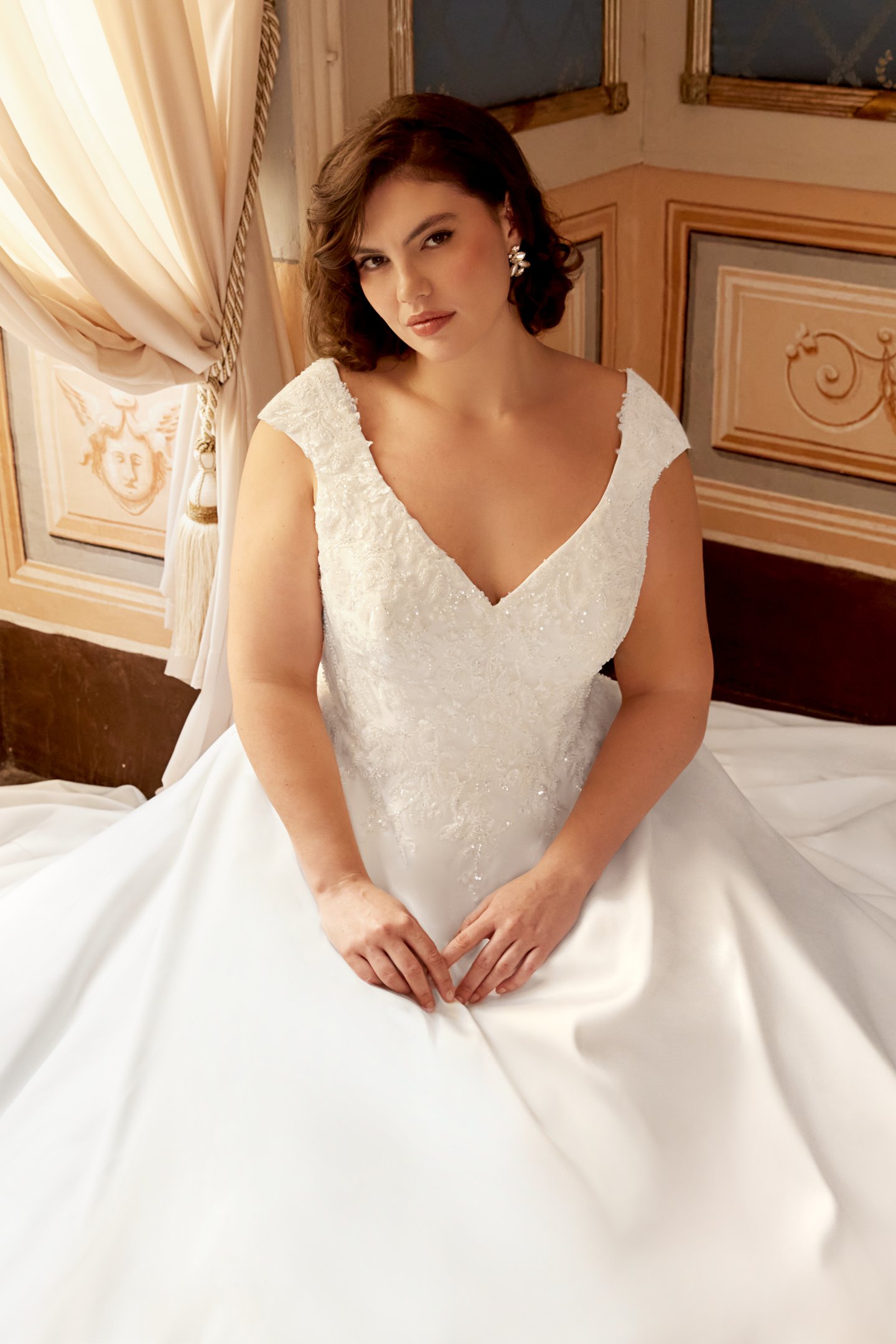 Sincerity Bridal Style 44547PS Plus Size Mikado Ballgown with V-Neckline and Cap Sleeves with Lace Appliqués