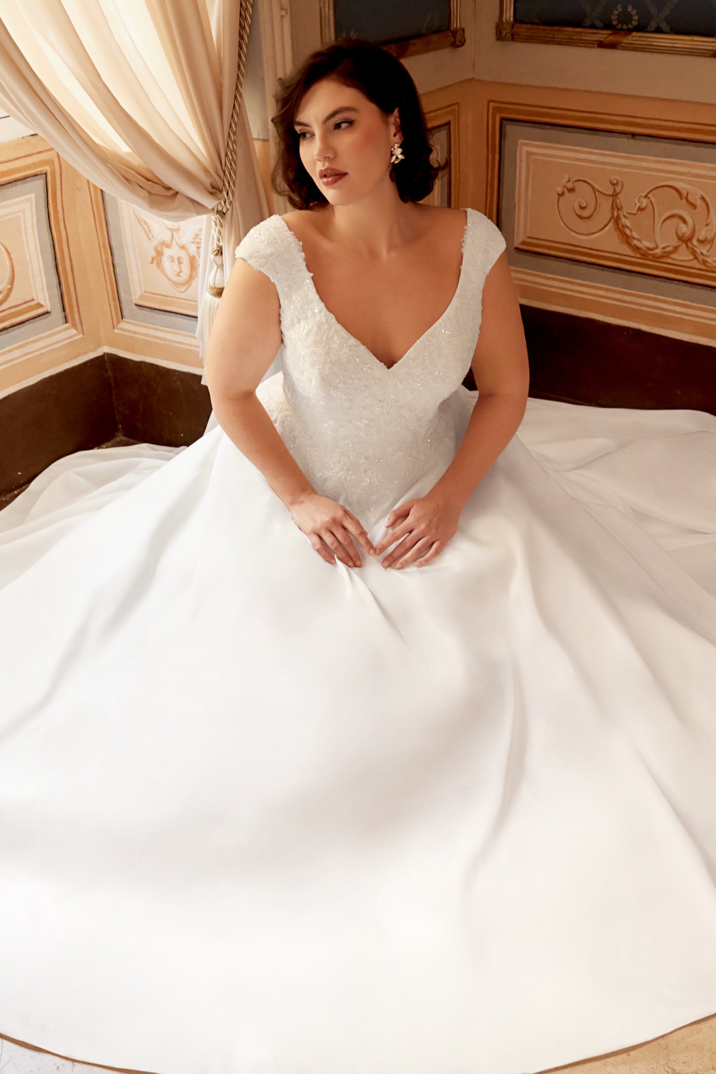 Sincerity Bridal Style 44547PS Plus Size Mikado Ballgown with V-Neckline and Cap Sleeves with Lace Appliqués