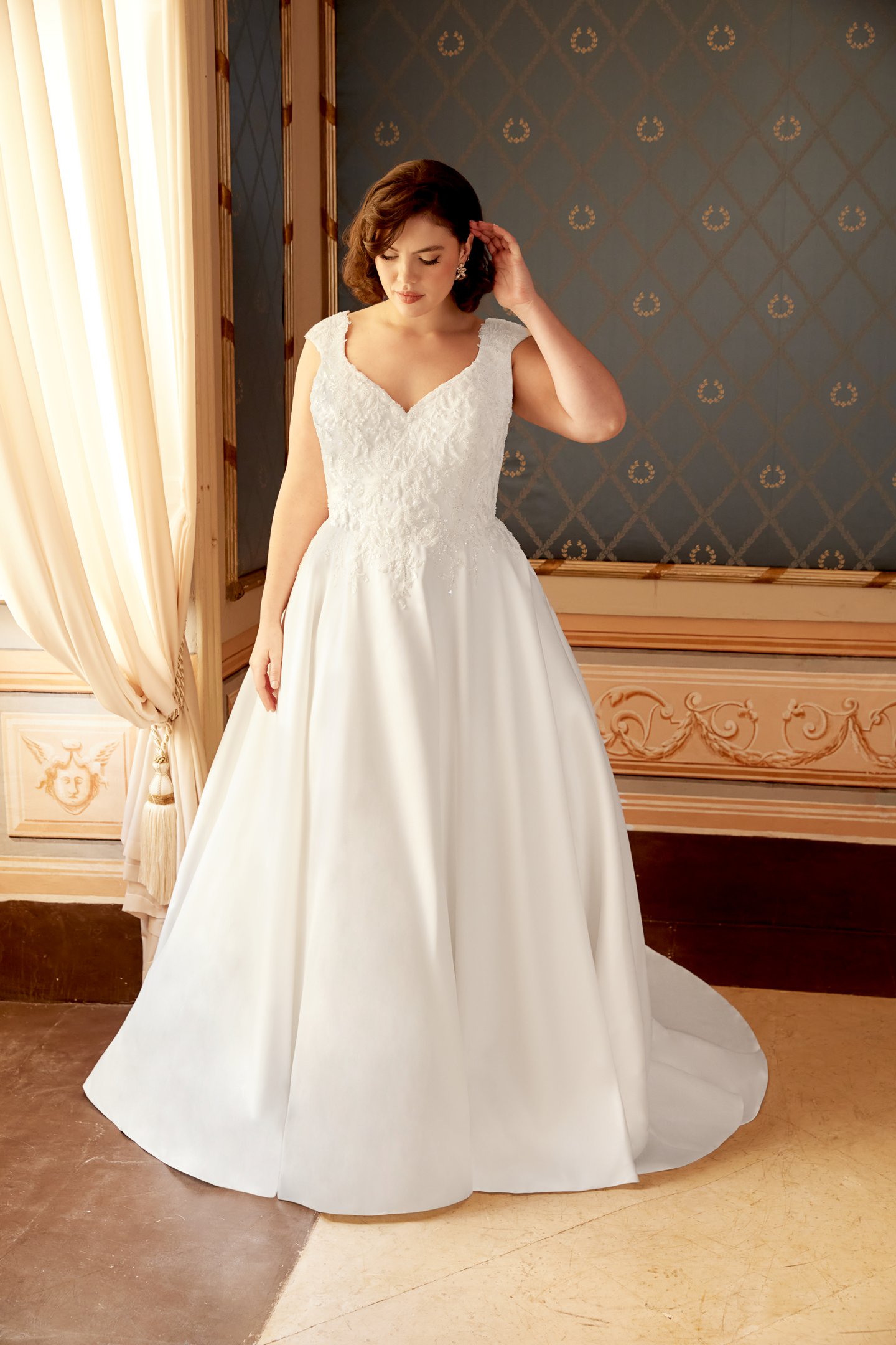 Sincerity Bridal Style 44547PS Plus Size Mikado Ballgown with V-Neckline and Cap Sleeves with Lace Appliqués