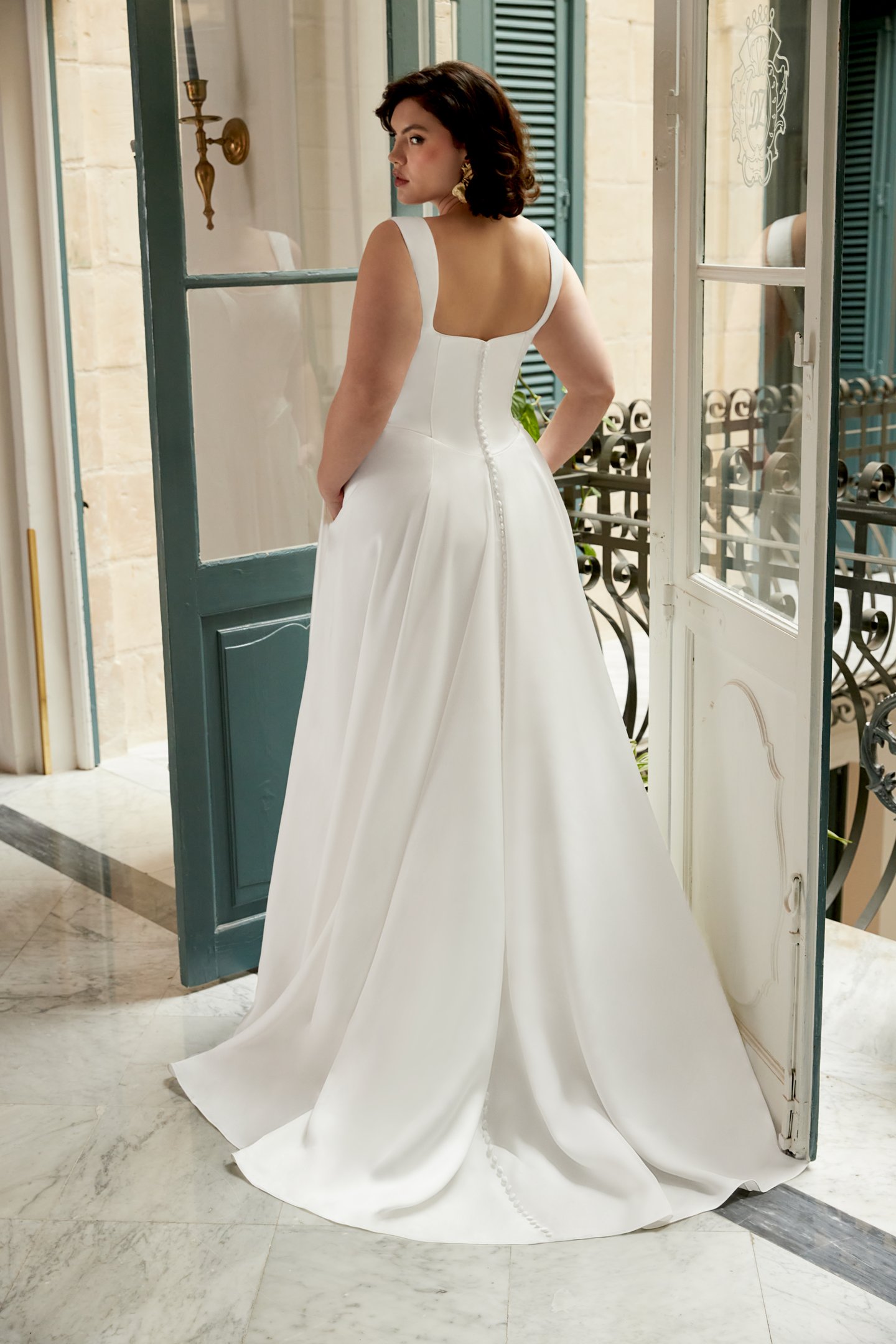 Sincerity Bridal Style 44548PS Charmeuse A-Line Plus Size Gown with Modern Seaming and Basque Waistline