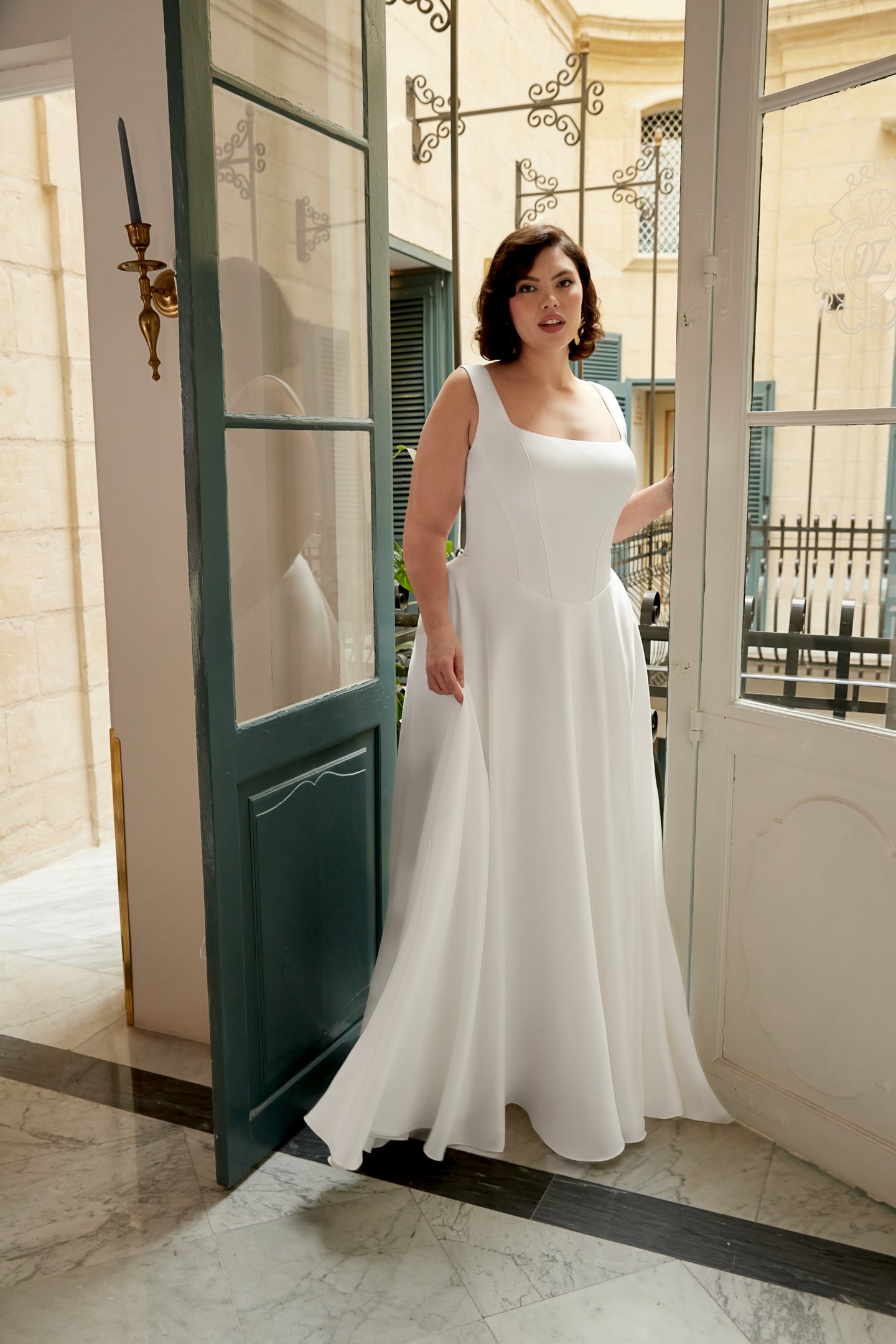 Sincerity Bridal Style 44548PS Charmeuse A-Line Plus Size Gown with Modern Seaming and Basque Waistline