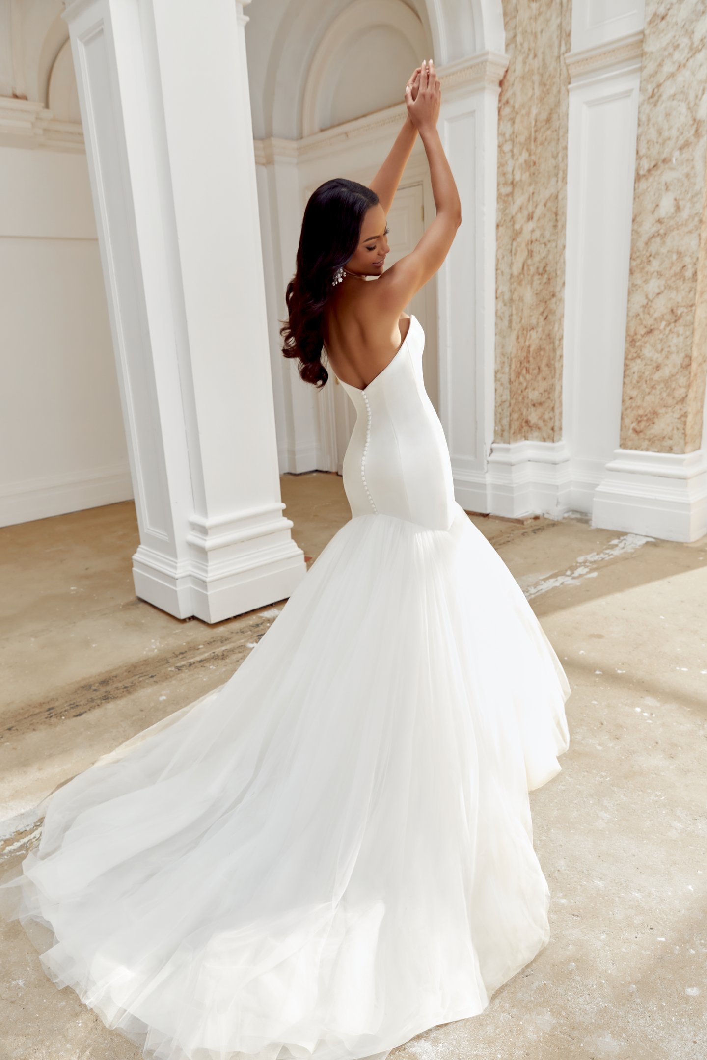 Sincerity Bridal Style 44550 Mikado Mermaid Gown with Strapless Cat Eye Neckline and Tulle Skirt