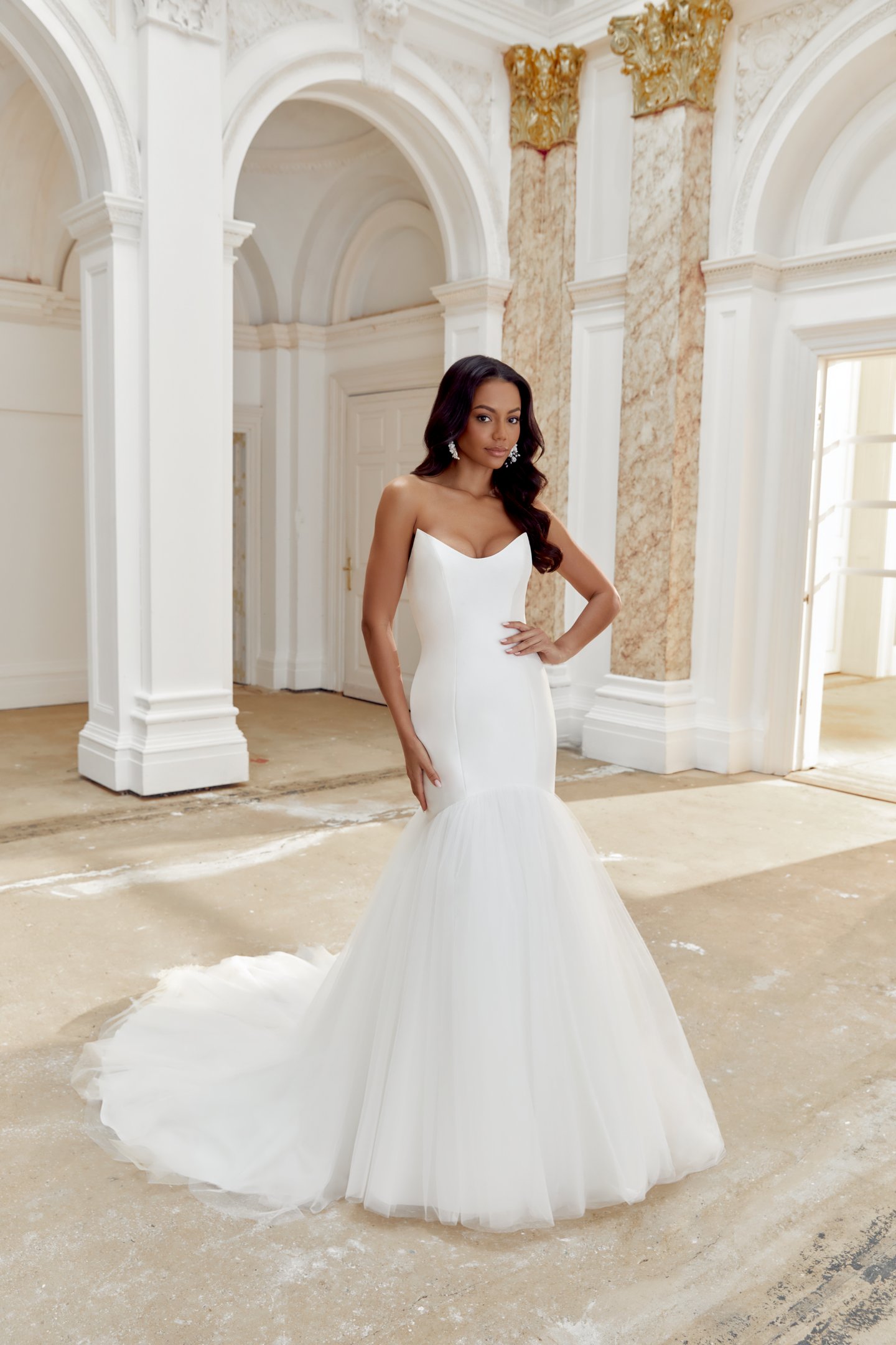 Sincerity Bridal Style 44550 Mikado Mermaid Gown with Strapless Cat Eye Neckline and Tulle Skirt