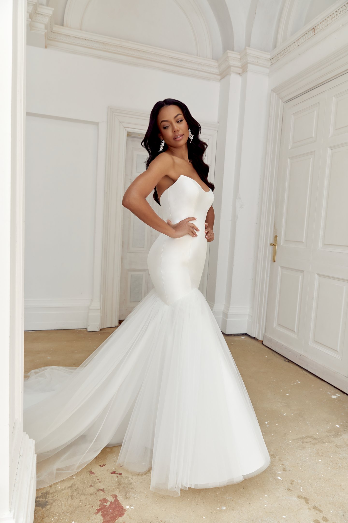 Sincerity Bridal Style 44550 Mikado Mermaid Gown with Strapless Cat Eye Neckline and Tulle Skirt