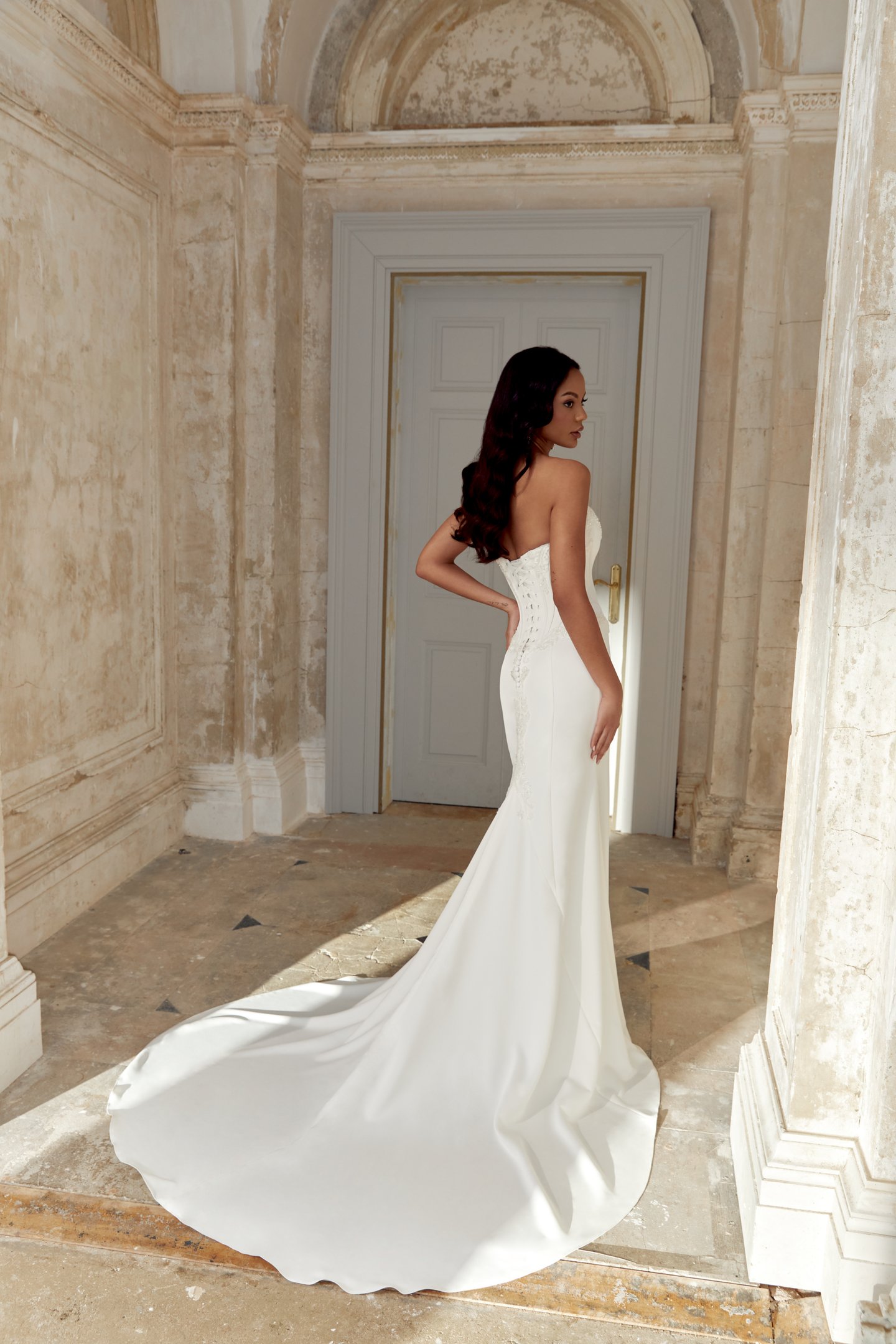 Sincerity Bridal Style 44552 Satin Fit and Flare with Lace Appliqués on Bodice and Basque Waistline