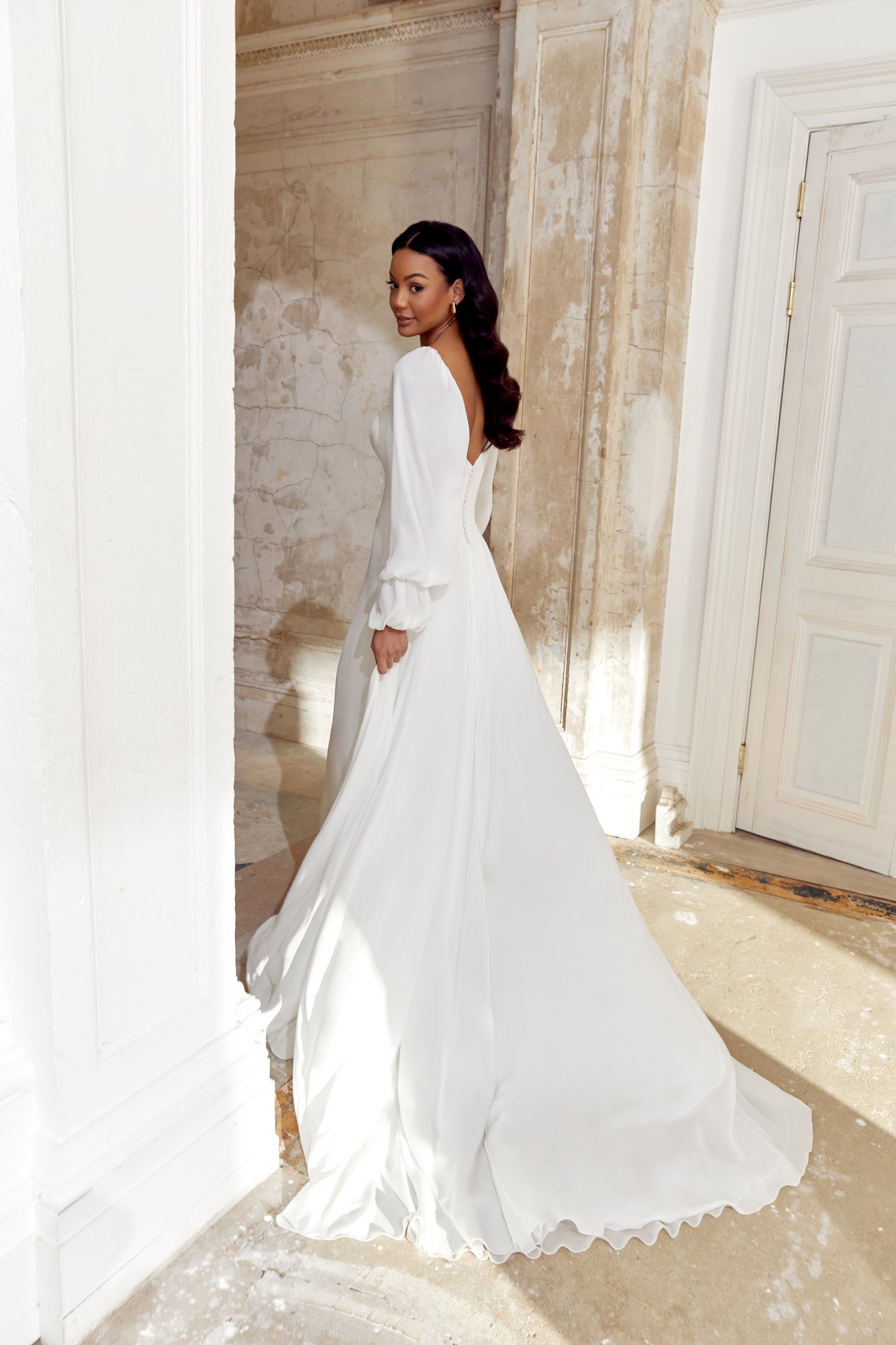Sincerity Bridal Style 44554 Chiffon A-Line Gown with Sweetheart Neckline and Blouson Long Sleeves