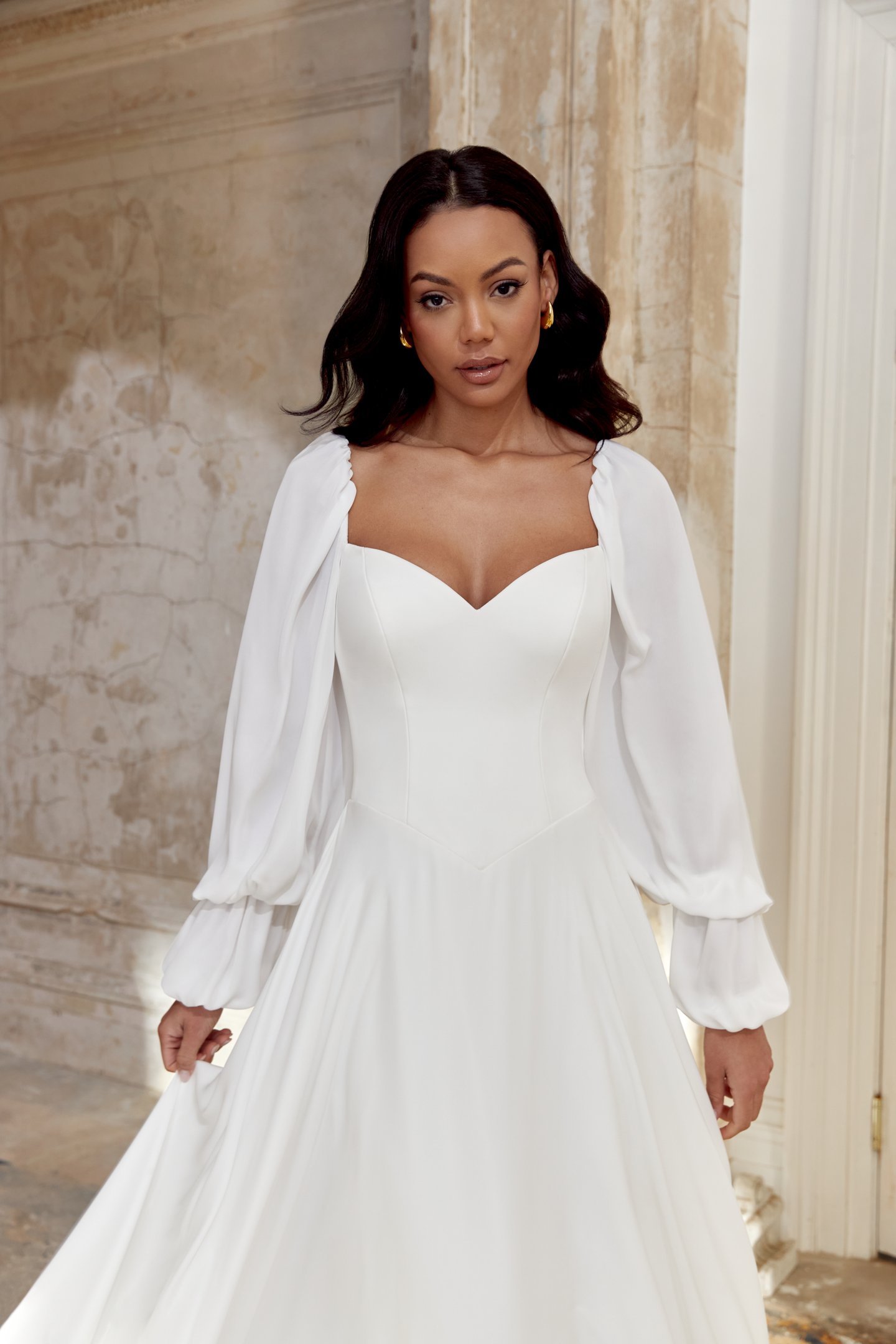 Sincerity Bridal Style 44554 Chiffon A-Line Gown with Sweetheart Neckline and Blouson Long Sleeves