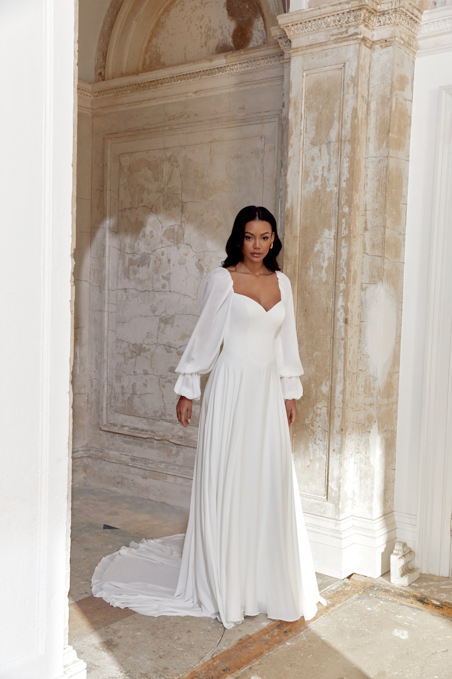 Sincerity Bridal Style 44554 Chiffon A-Line Gown with Sweetheart Neckline and Blouson Long Sleeves