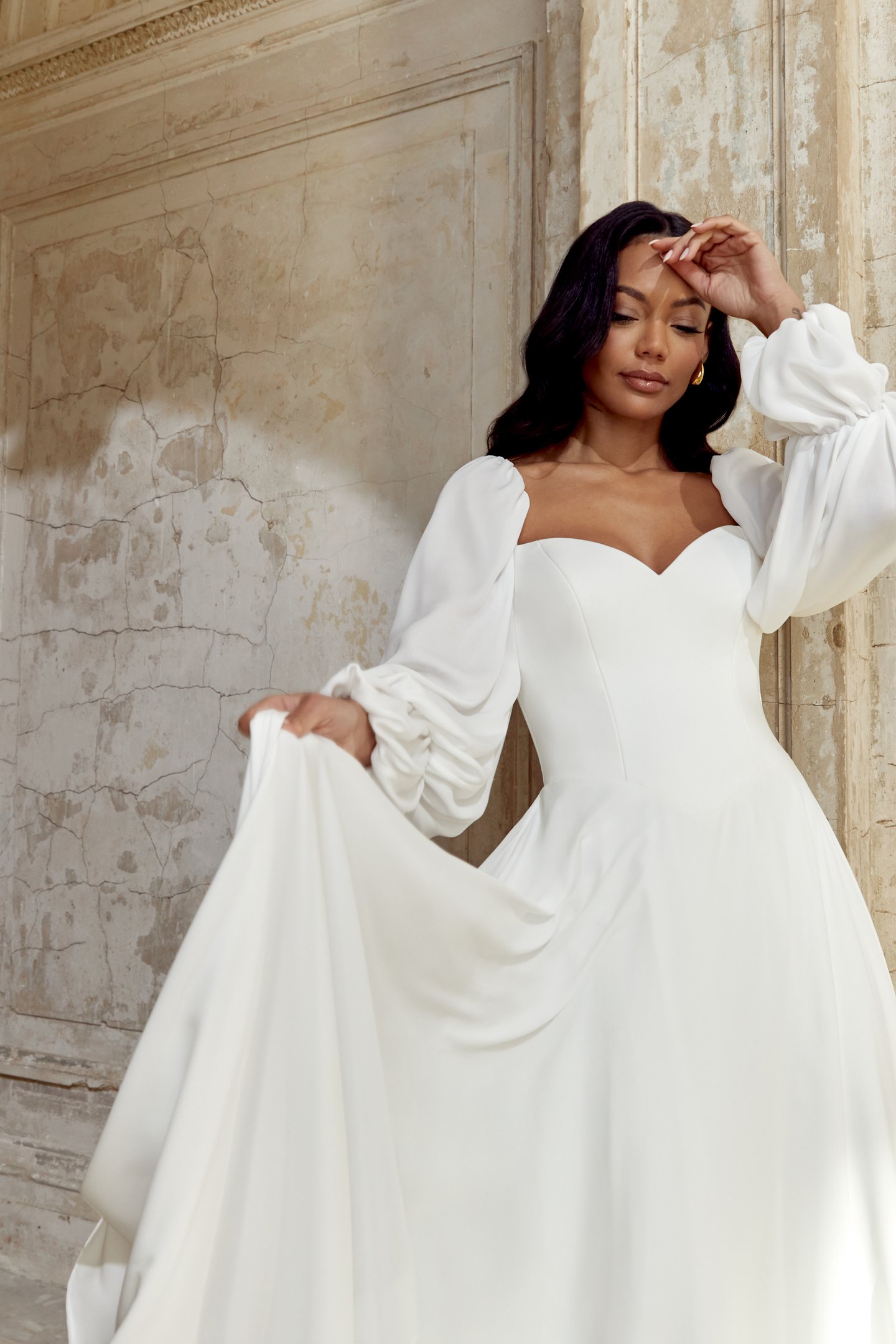 Sincerity Bridal Style 44554 Chiffon A-Line Gown with Sweetheart Neckline and Blouson Long Sleeves