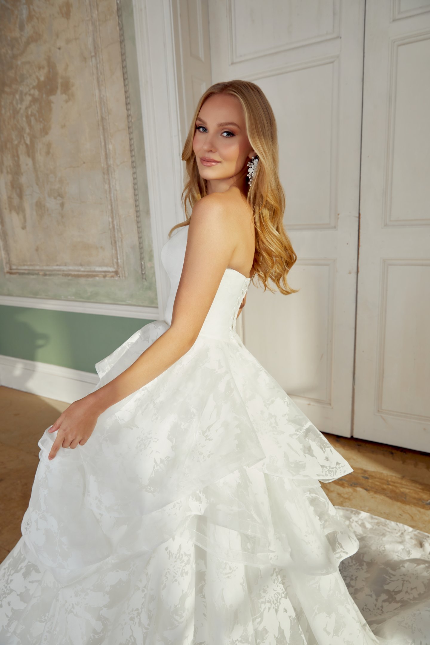 Sincerity Bridal Style 44555 Organza Jacquard Ballgown with Asymmetrical Tiered Ruffled Skirt
