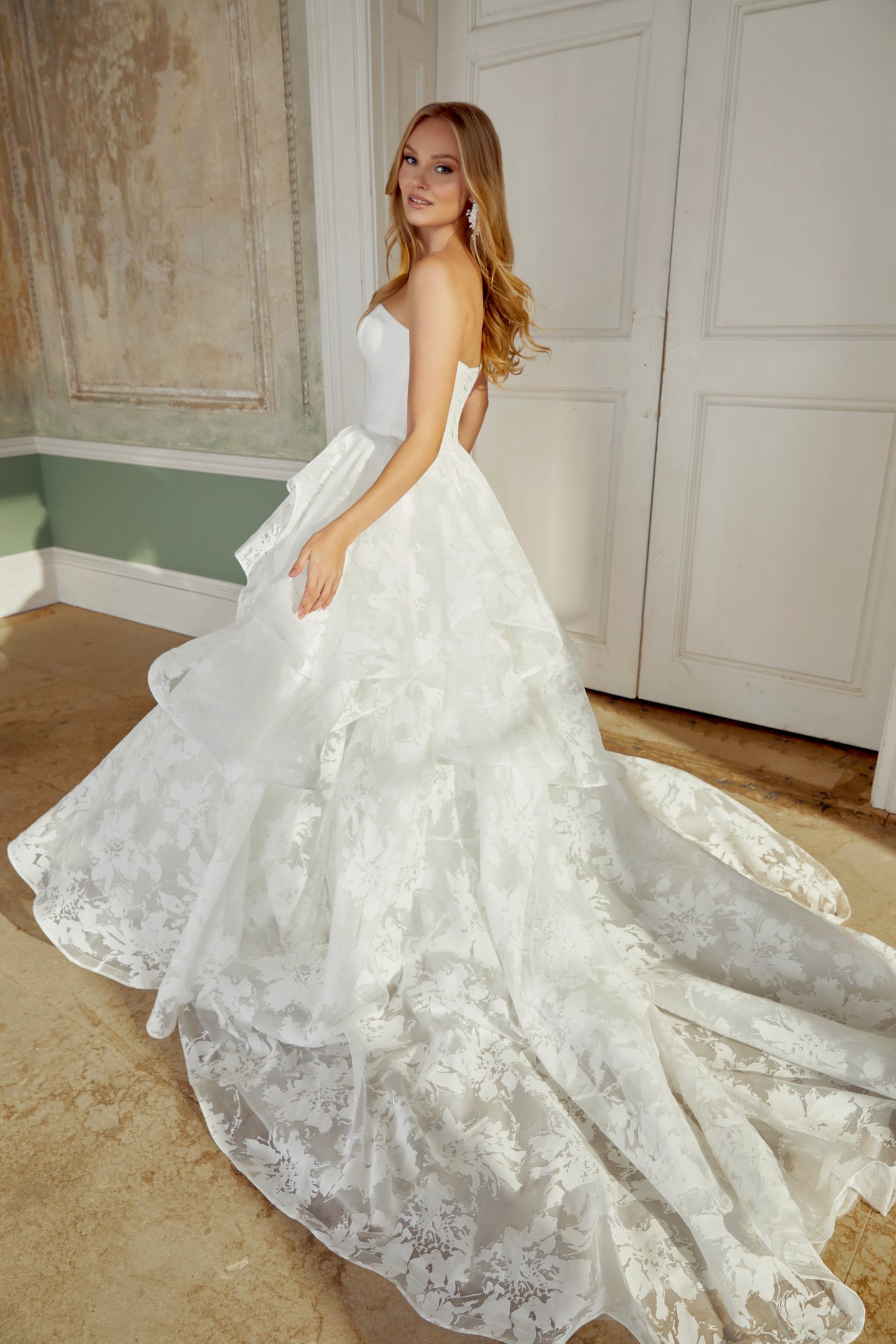 Sincerity Bridal Style 44555 Organza Jacquard Ballgown with Asymmetrical Tiered Ruffled Skirt