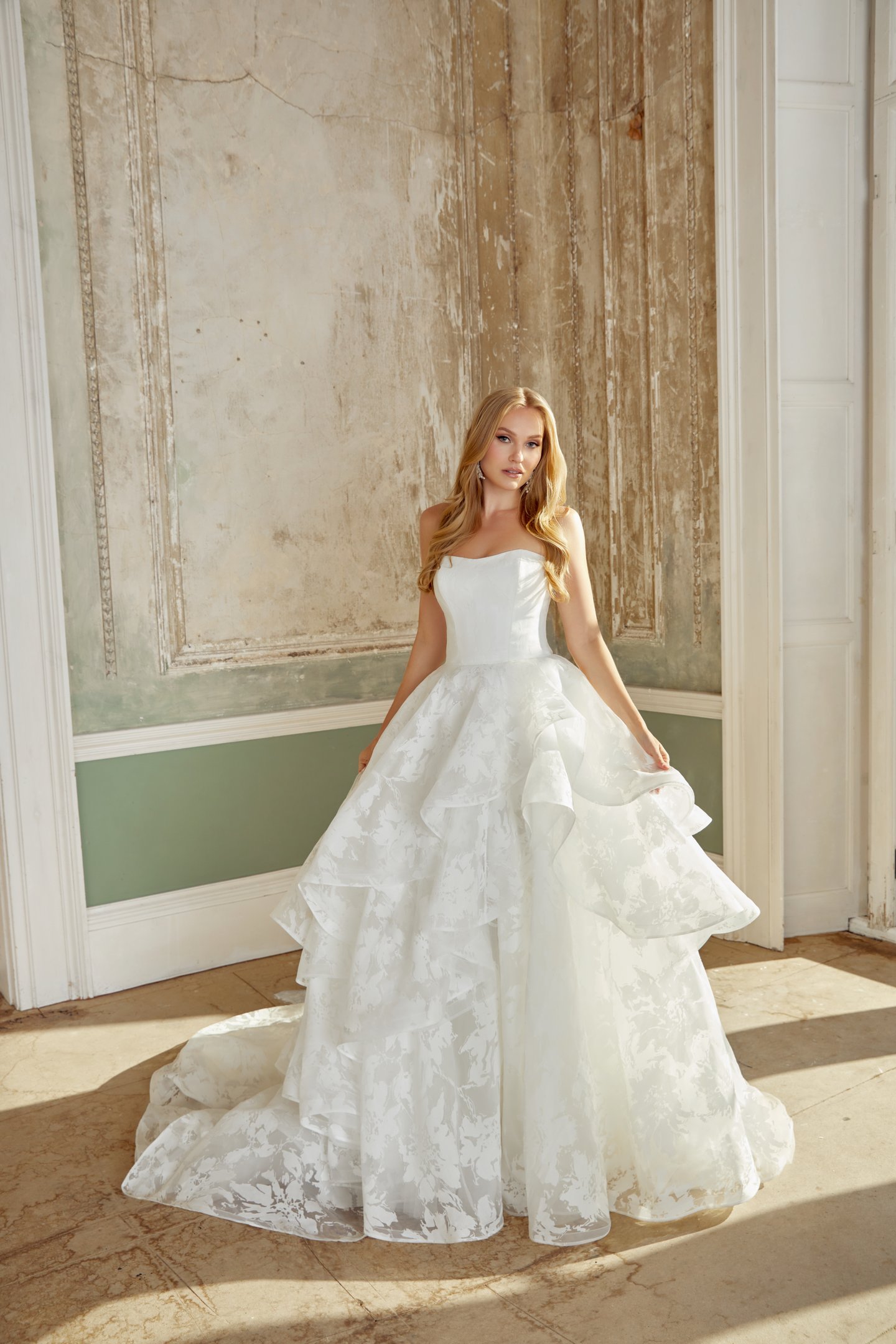 Sincerity Bridal Style 44555 Organza Jacquard Ballgown with Asymmetrical Tiered Ruffled Skirt