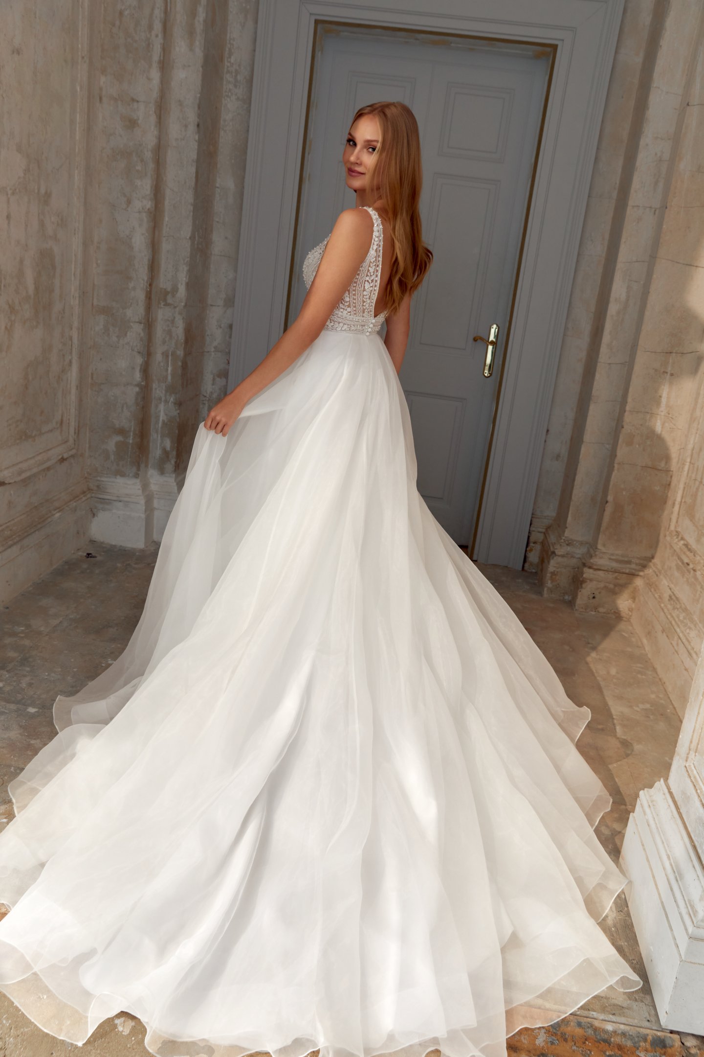Sincerity Bridal Style 44559 Organza Ballgown with V-Neckline and Sheer Beaded Bodice