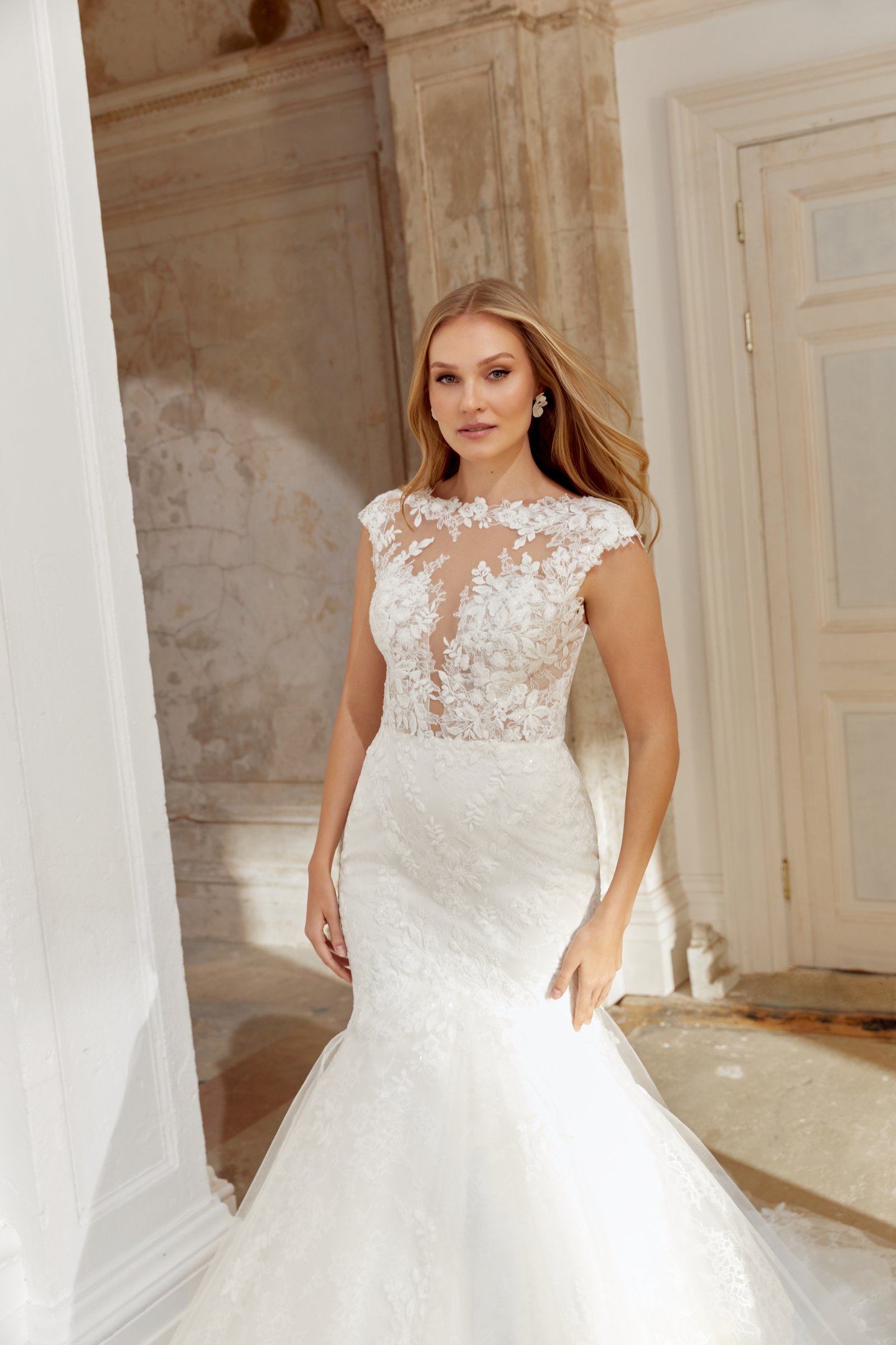 Sincerity Bridal Style 44560 Trumpet Tulle Gown with Illusion Sabrina Plunging Sweetheart Neckline