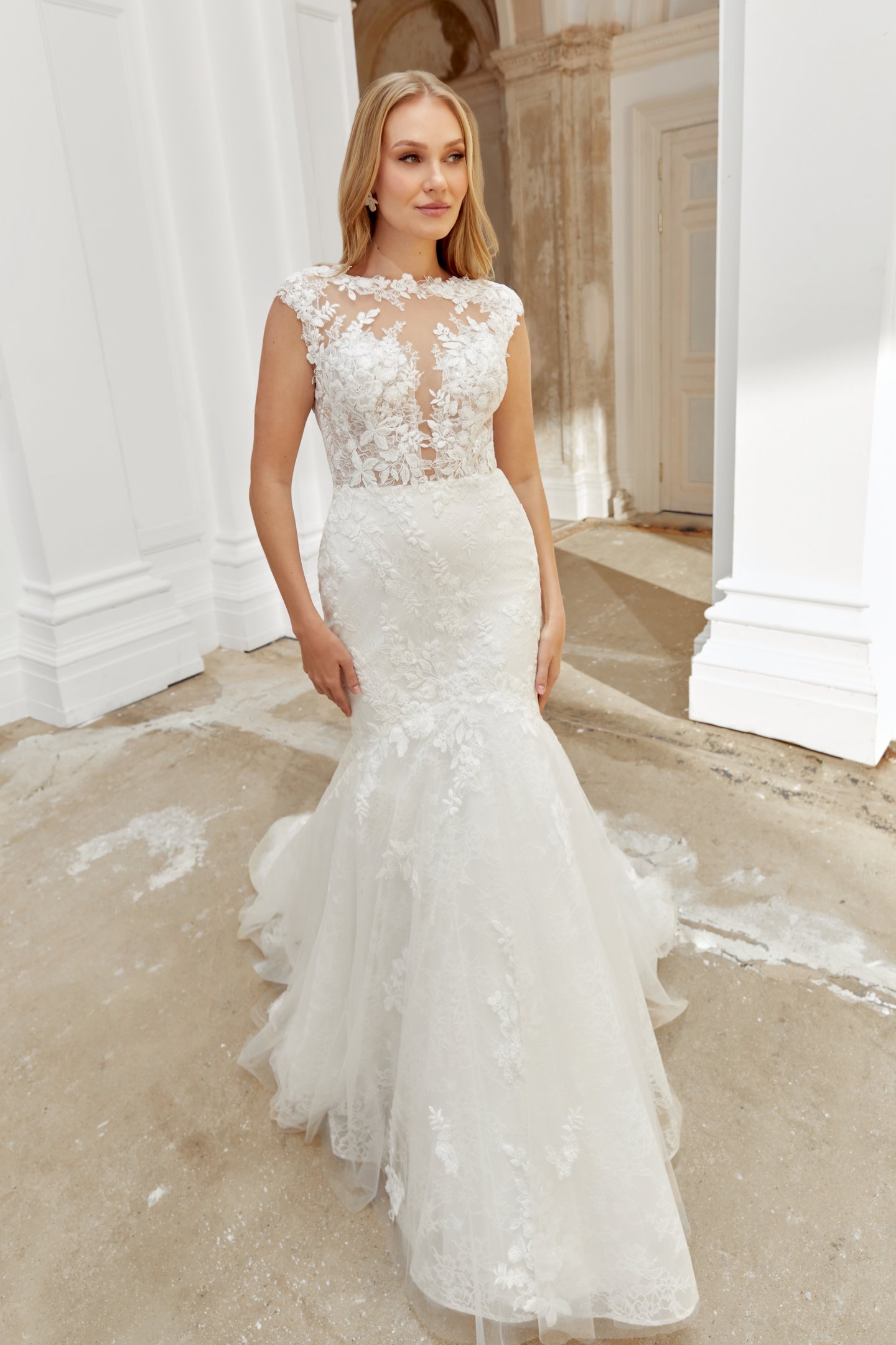 Sincerity Bridal Style 44560 Trumpet Tulle Gown with Illusion Sabrina Plunging Sweetheart Neckline