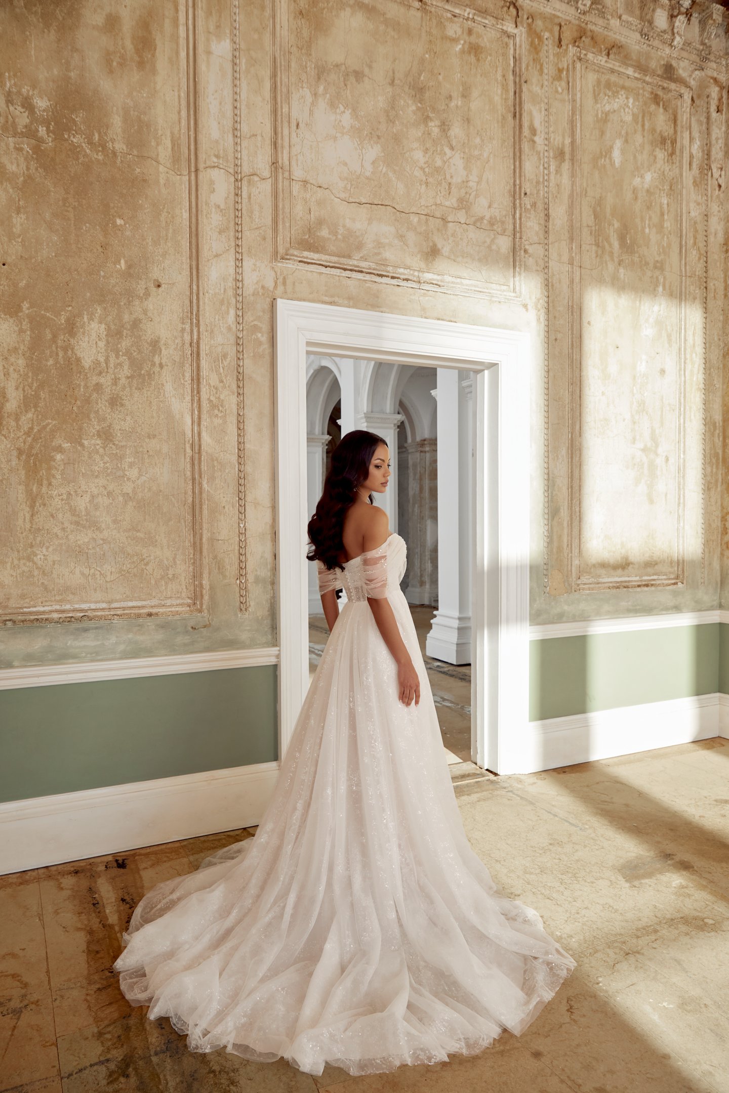 Sincerity Bridal Style 44562 Sparkle Tulle A-Line Gown with Off-the-Shoulder Straps and Skirt Slit