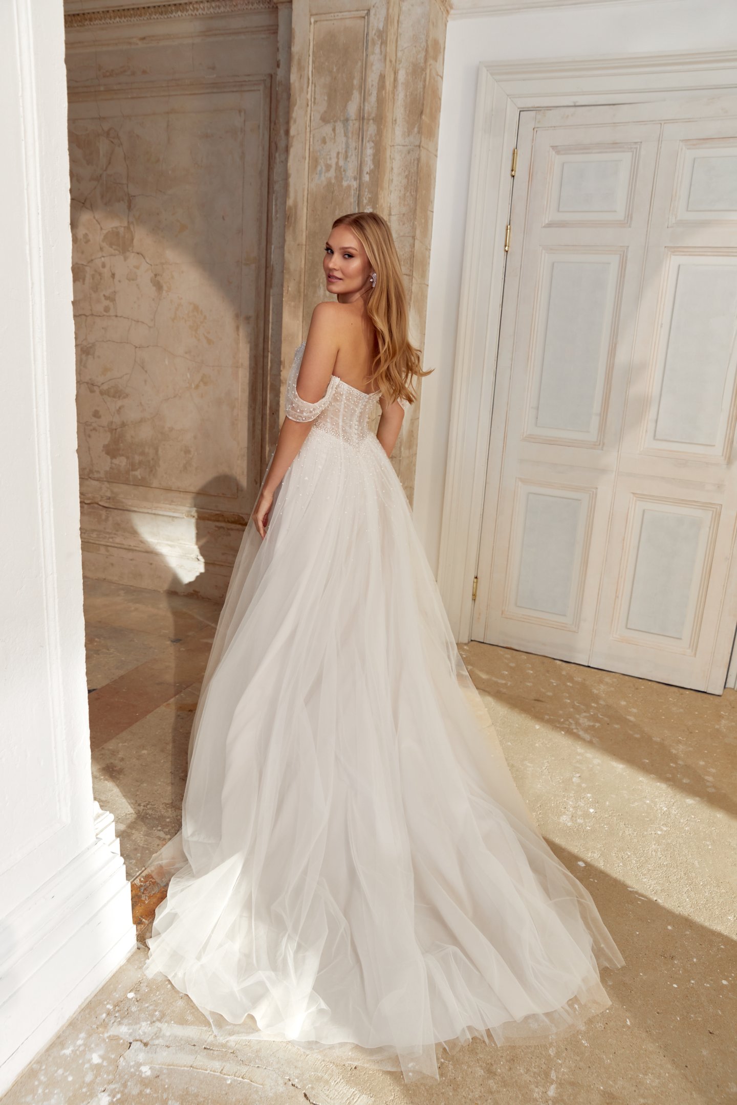 Sincerity Bridal Style 44564 A-Line Tulle Gown with Basque Waist and Scattered Sequins & Pearls