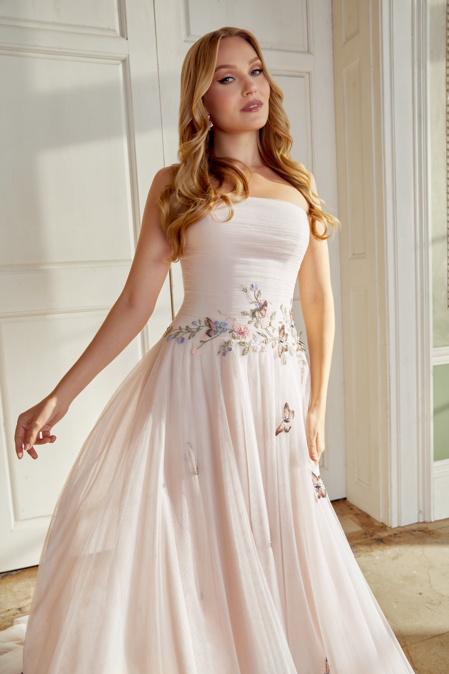 Sincerity Bridal Style 44565 English Net A-Line Gown with Butterfly Appliqués and Dropped Waistline