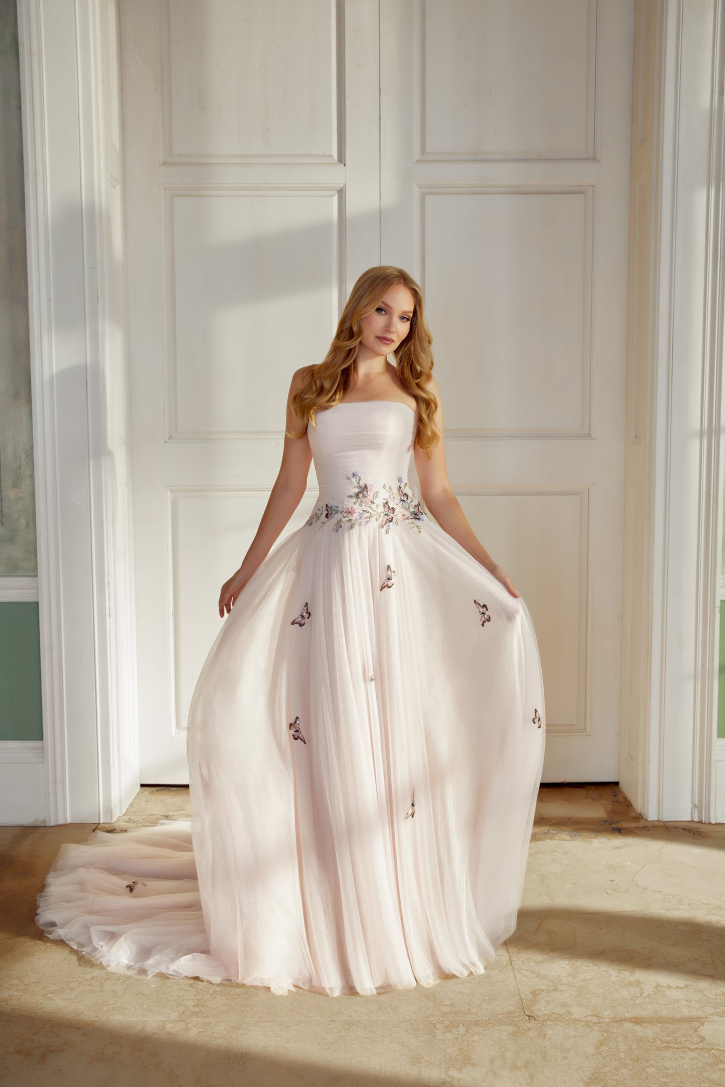 Sincerity Bridal Style 44565 English Net A-Line Gown with Butterfly Appliqués and Dropped Waistline