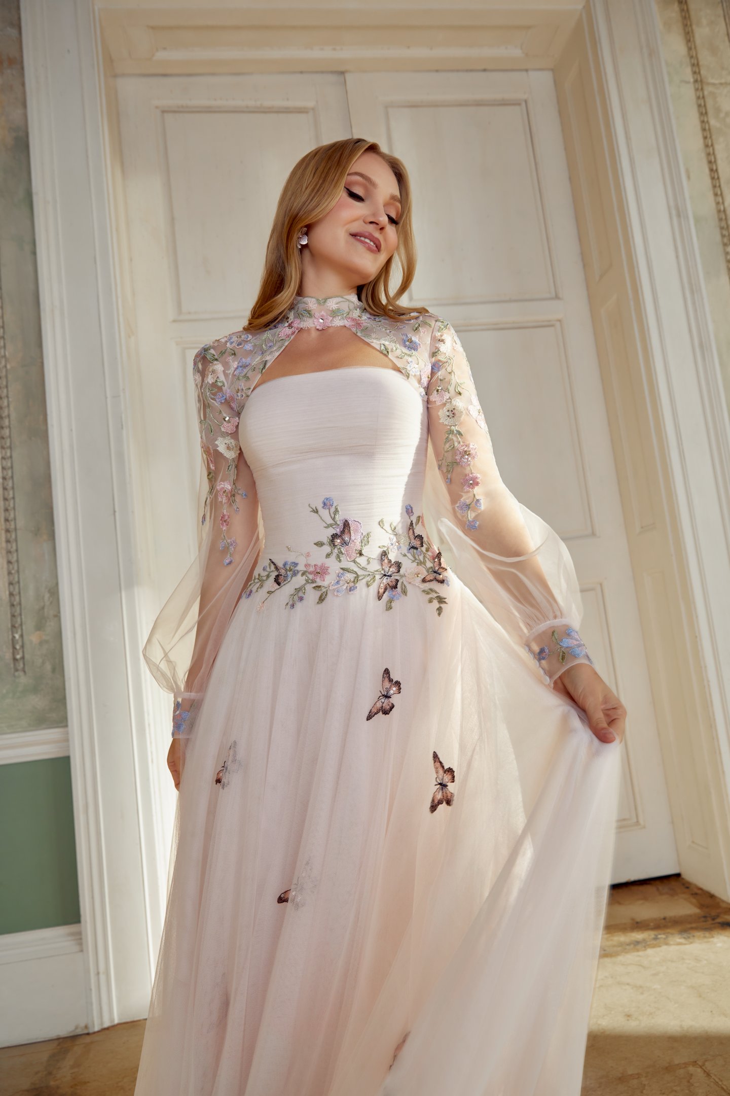 Sincerity Bridal Style 44565 English Net A-Line Gown with Butterfly Appliqués and Dropped Waistline