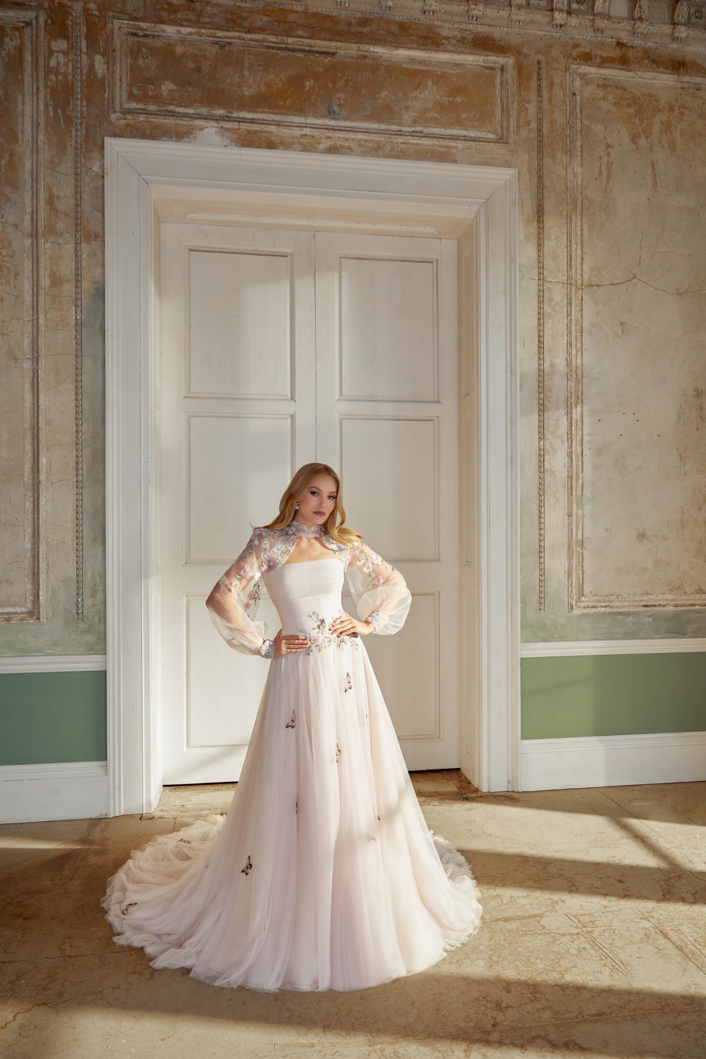 Sincerity Bridal Style 44565J Tulle High Neck Jacket with Bishop Sleeves