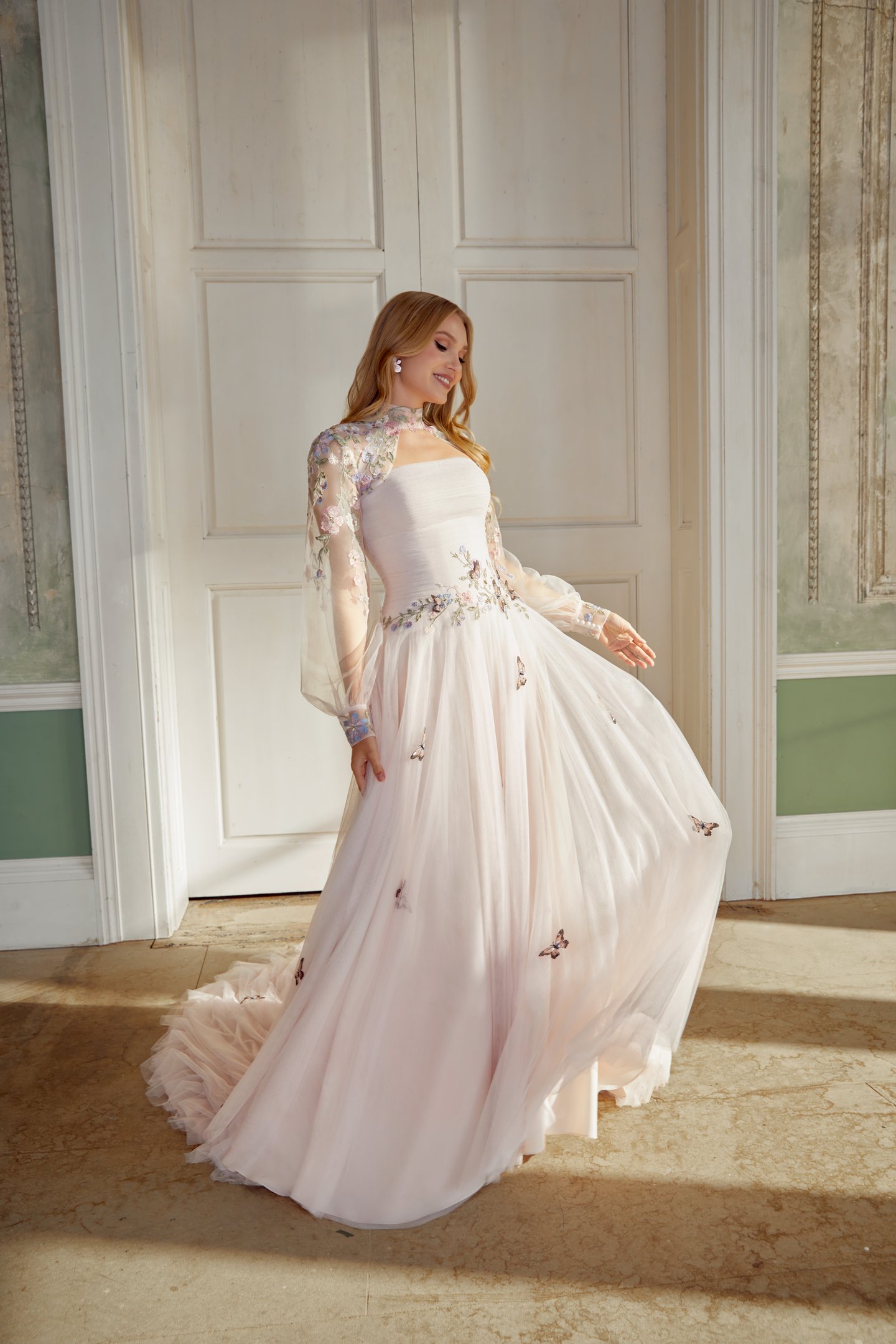 Sincerity Bridal Style 44565J Tulle High Neck Jacket with Bishop Sleeves