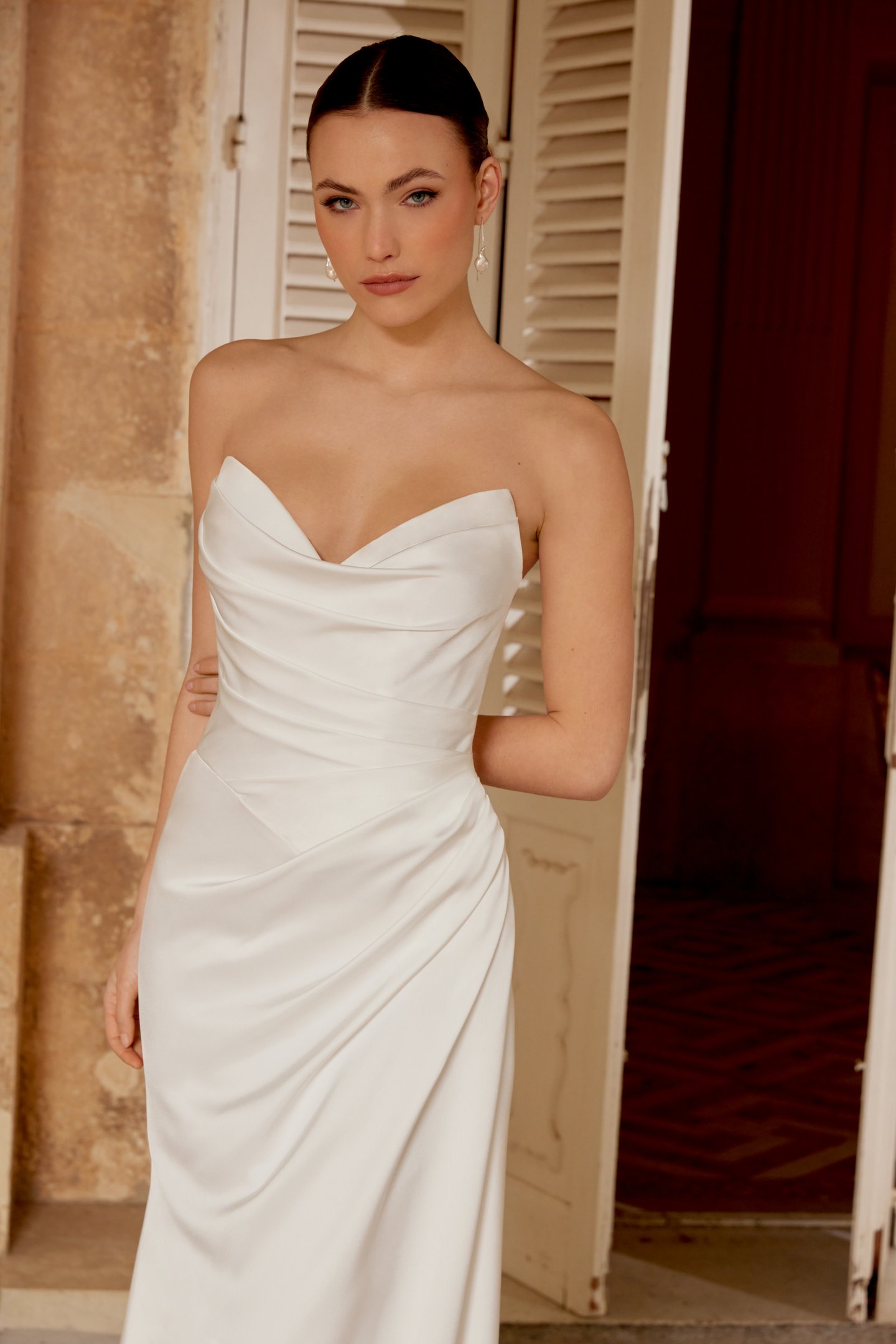 Sincerity Bridal Style 44600 Charmeuse Fit and Flare Dress with Pointed Sweetheart Strapless Neckline and Pleated Bodice and Skirt