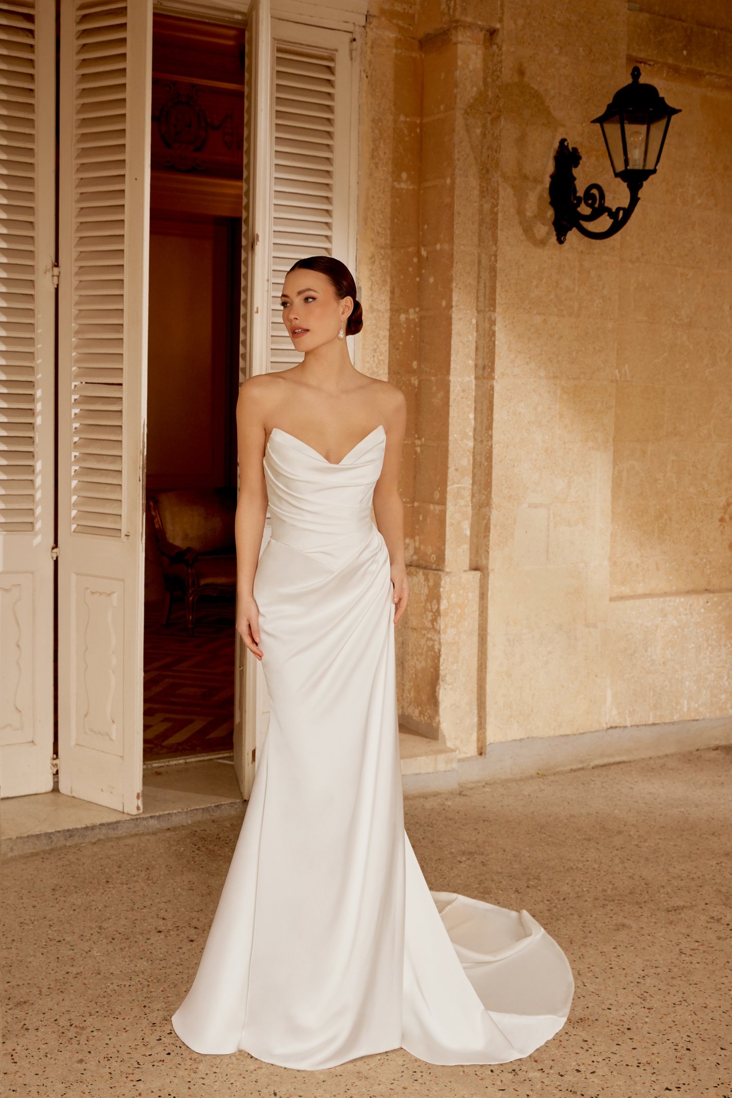 Sincerity Bridal Style 44600 Charmeuse Fit and Flare Dress with Pointed Sweetheart Strapless Neckline and Pleated Bodice and Skirt
