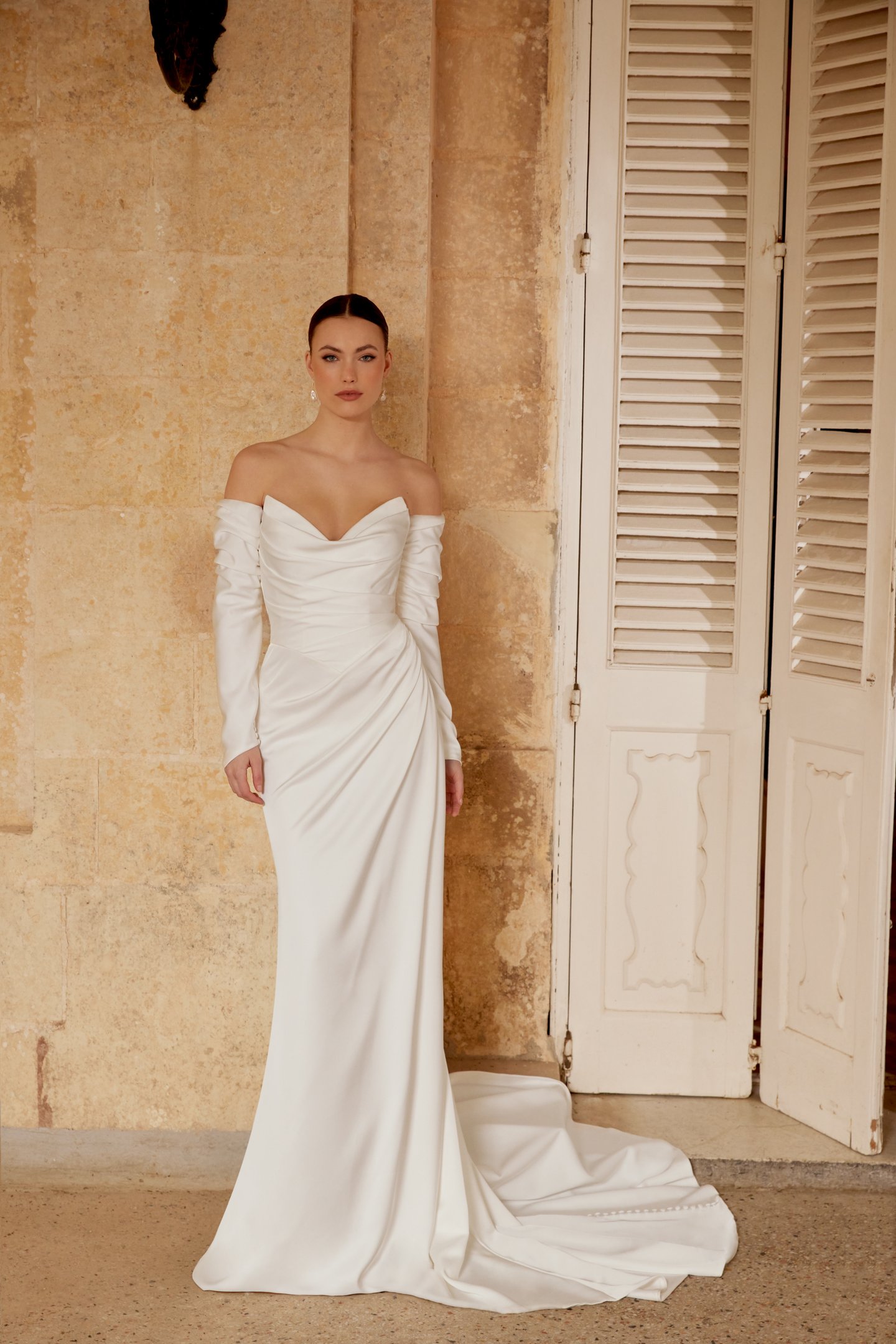 Sincerity Bridal Style 44600 Charmeuse Fit and Flare Dress with Pointed Sweetheart Strapless Neckline and Pleated Bodice and Skirt