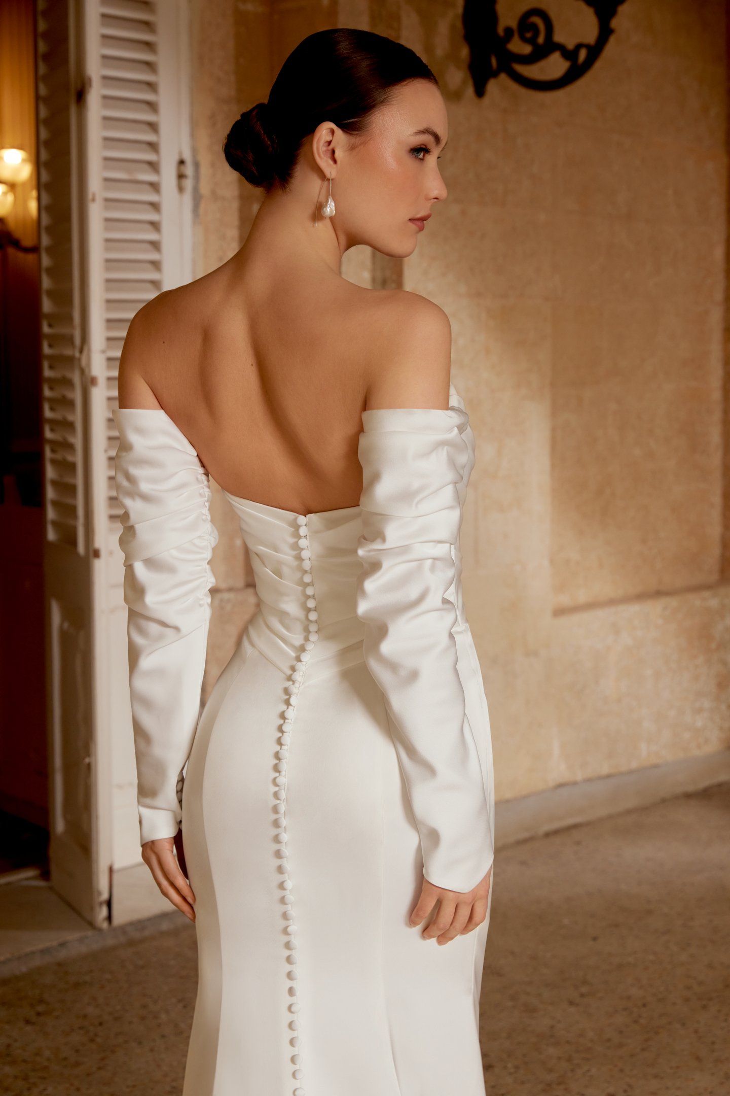 Sincerity Bridal Style 44600SL Off-the-Shoulder Charmeuse Long Gauntlet Style Sleeves with Subtle Gathers on Inseam