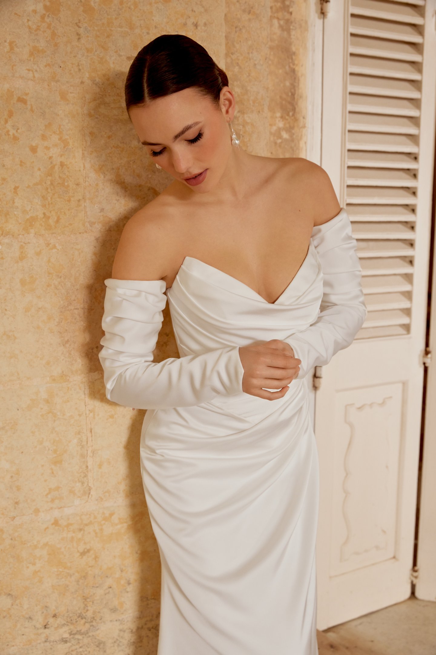 Sincerity Bridal Style 44600SL Off-the-Shoulder Charmeuse Long Gauntlet Style Sleeves with Subtle Gathers on Inseam