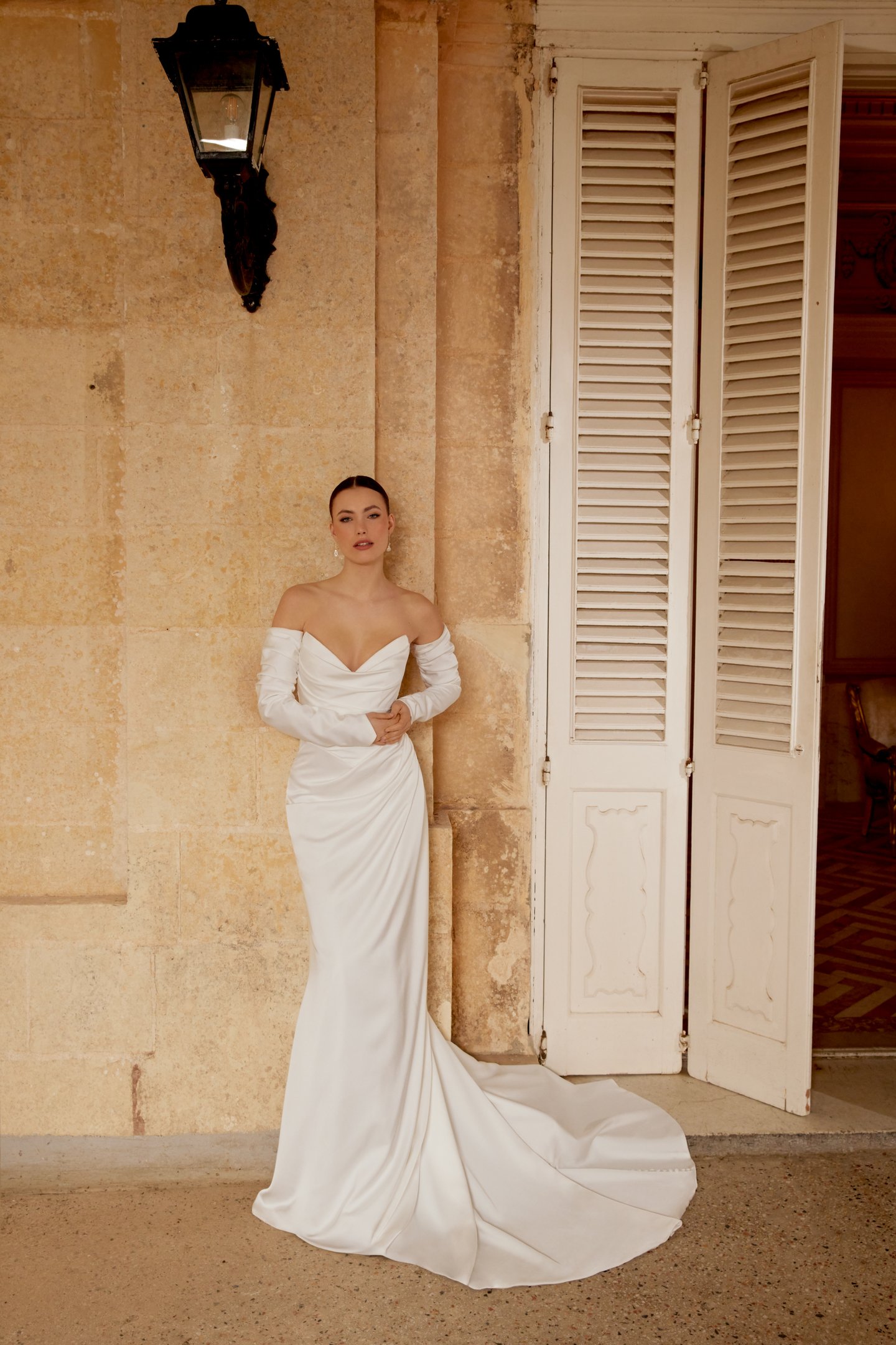 Sincerity Bridal Style 44600SL Off-the-Shoulder Charmeuse Long Gauntlet Style Sleeves with Subtle Gathers on Inseam