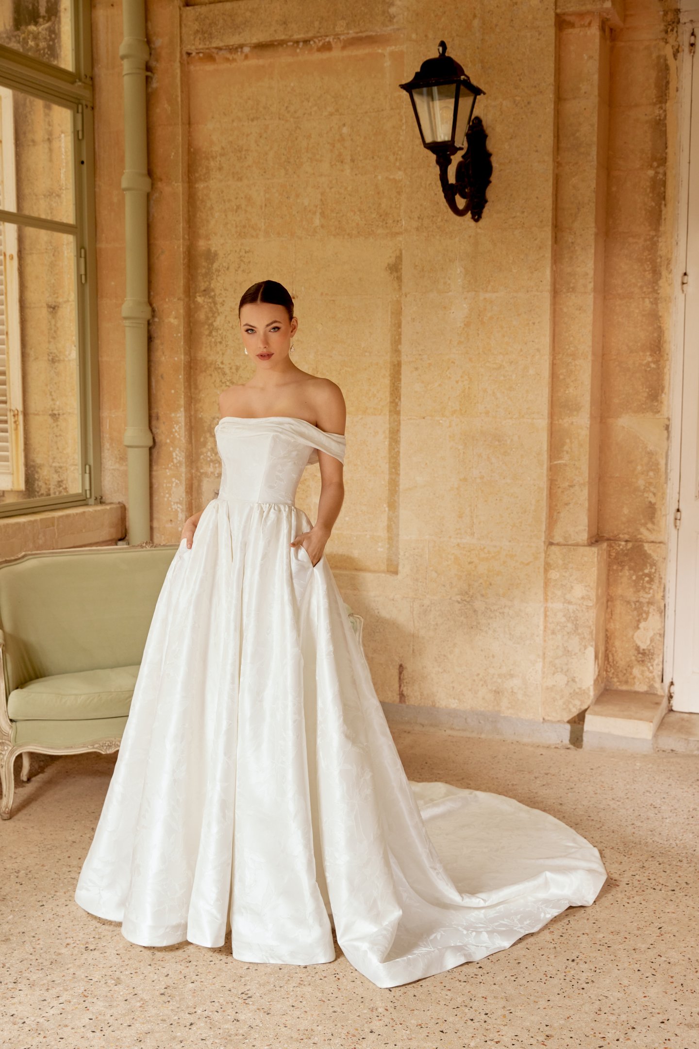 Sincerity Bridal Style 44601 Off-the-Shoulder Floral Brocade A-Line gown with Off-the-Shoulder Neckline and Princess Seams