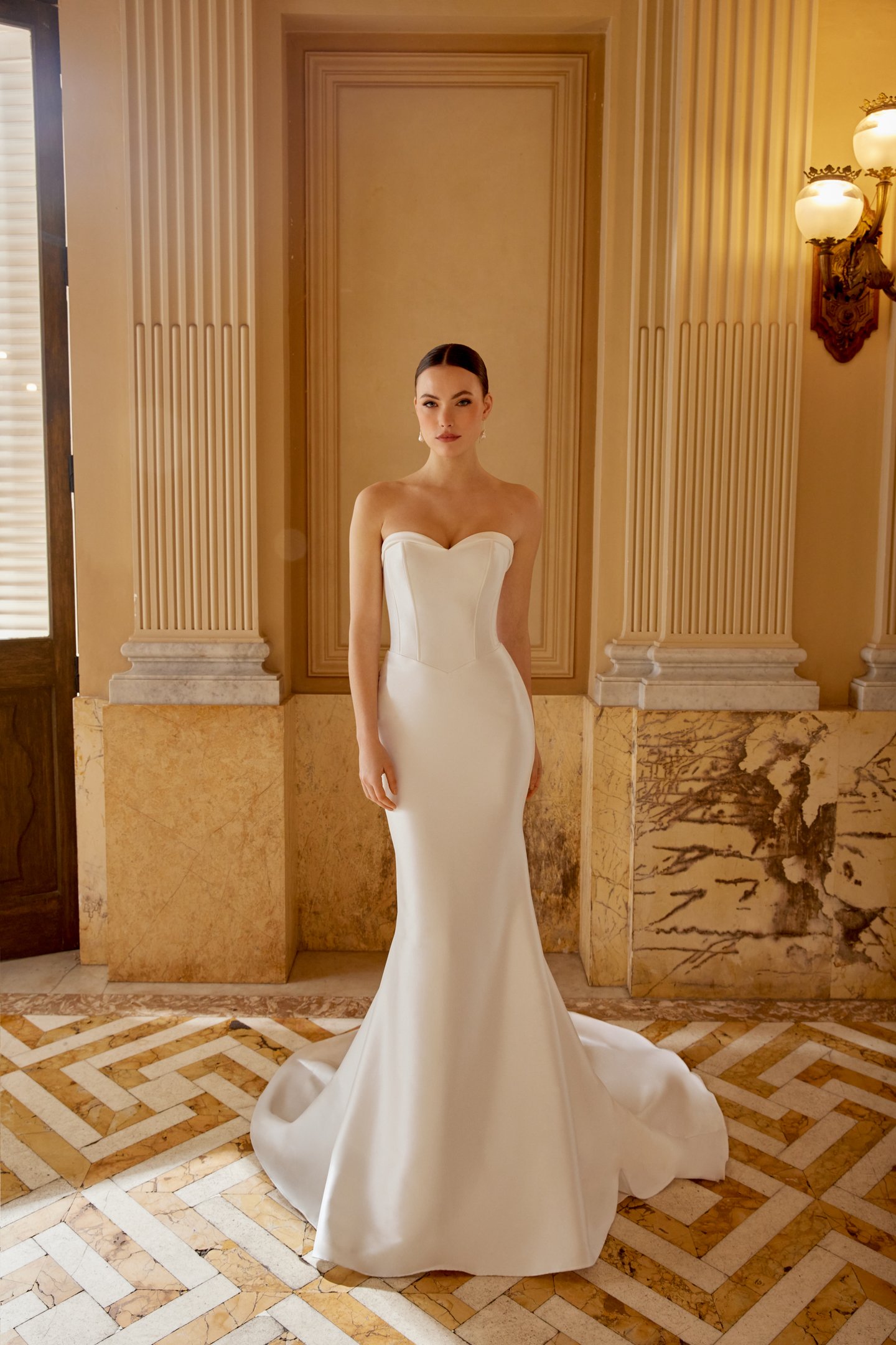 Sincerity Bridal Style 44602 Mikado Fit and Flare Dress with Strapless Sweetheart Neckline and Basque Waistline