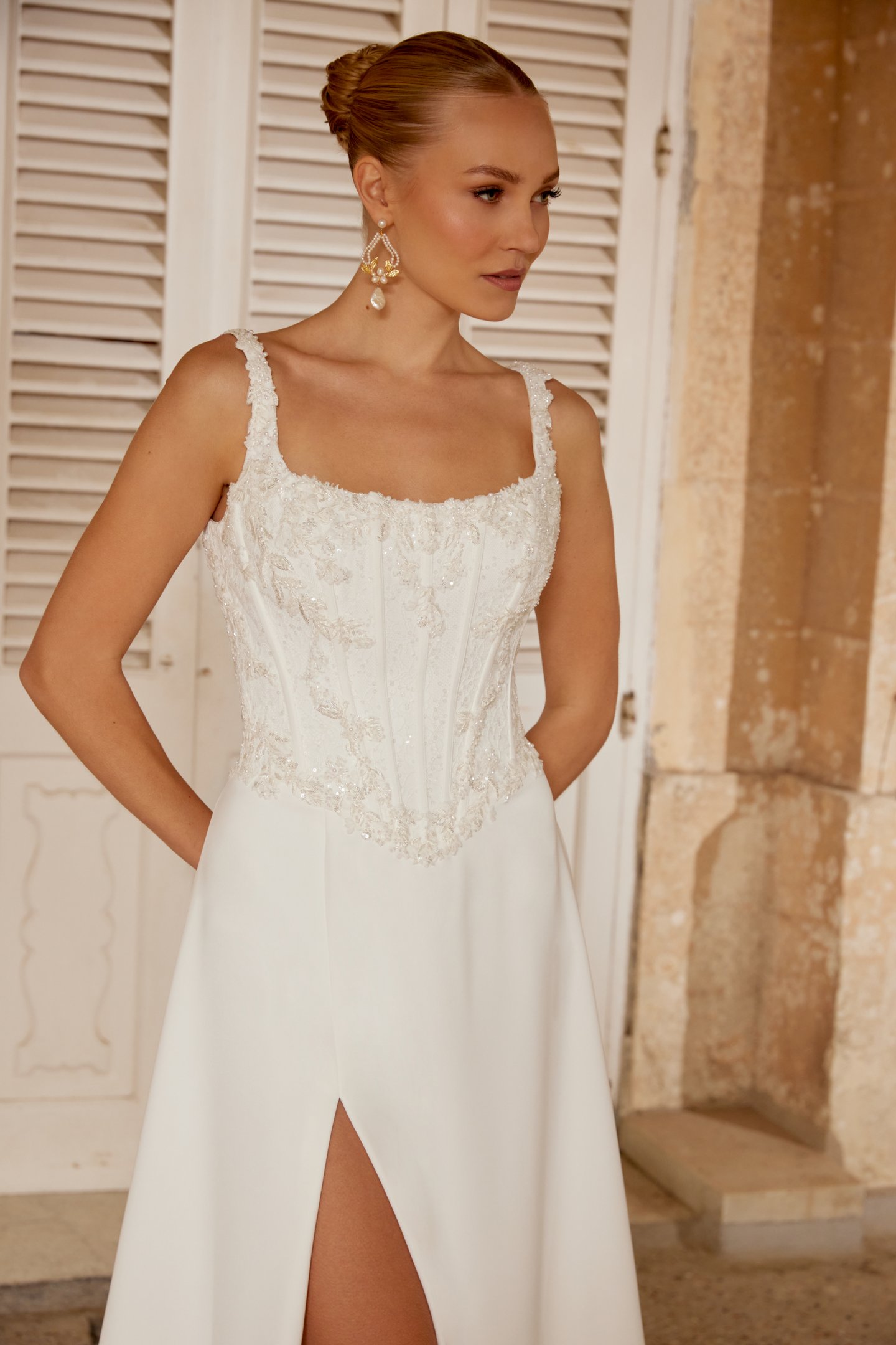 Sincerity Bridal Style 44603 A-Line Dress with Square Neckline Featuring Beaded Lace Appliqués and Basque Waistline