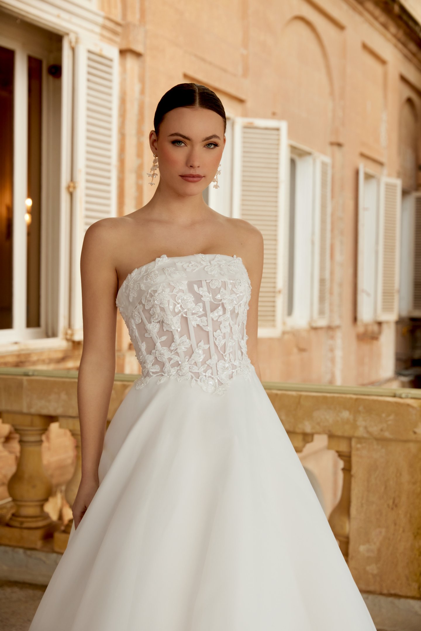 Sincerity Bridal Style 44604 Organza Ballgown with Illusion Bodice, Exposed Boning, and Lace Appliqués on the Circular Skirt and Train