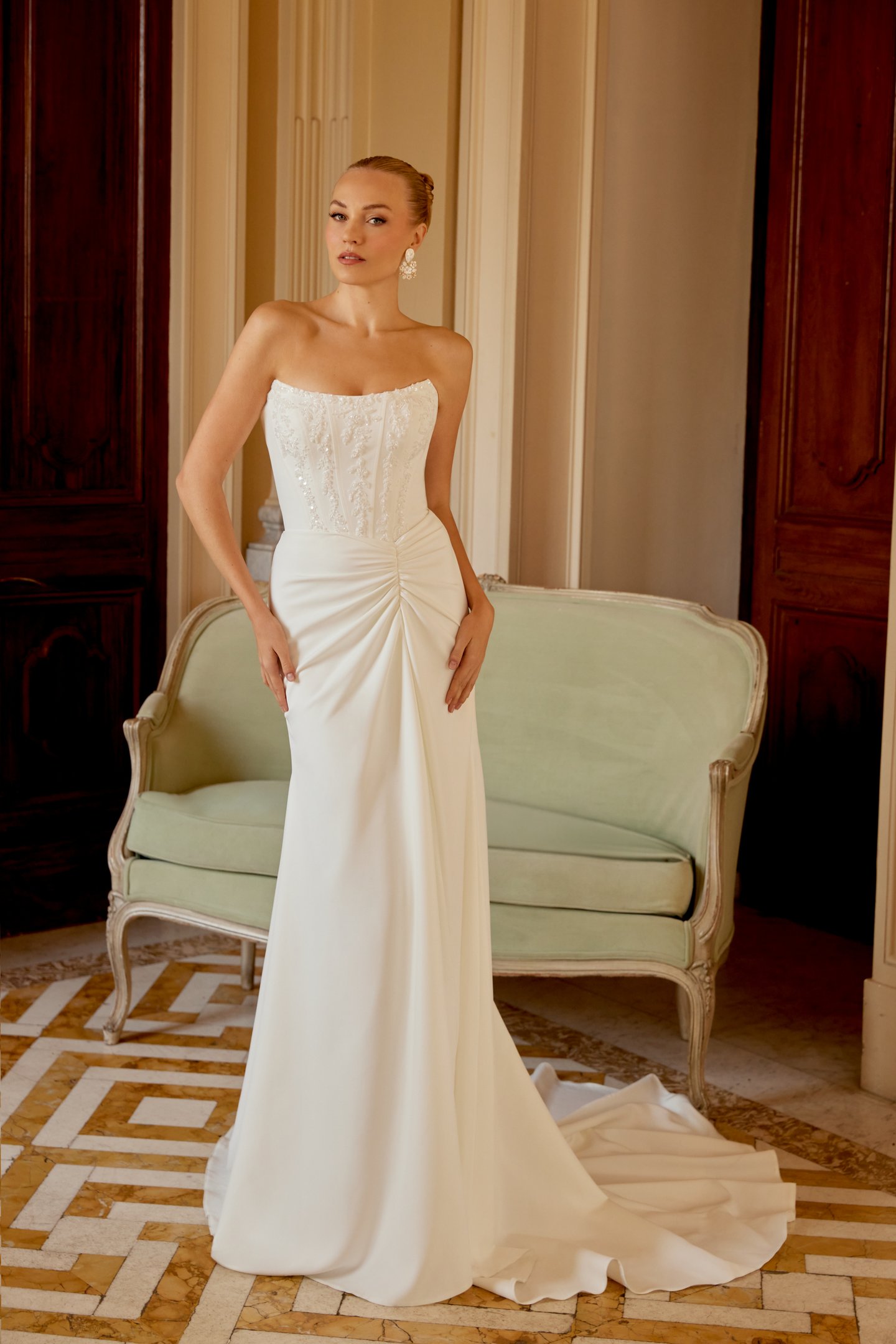 Sincerity Bridal Style 44605 Crepe Cat Eye Fit and Flare Dress with Symmetrical Waistline