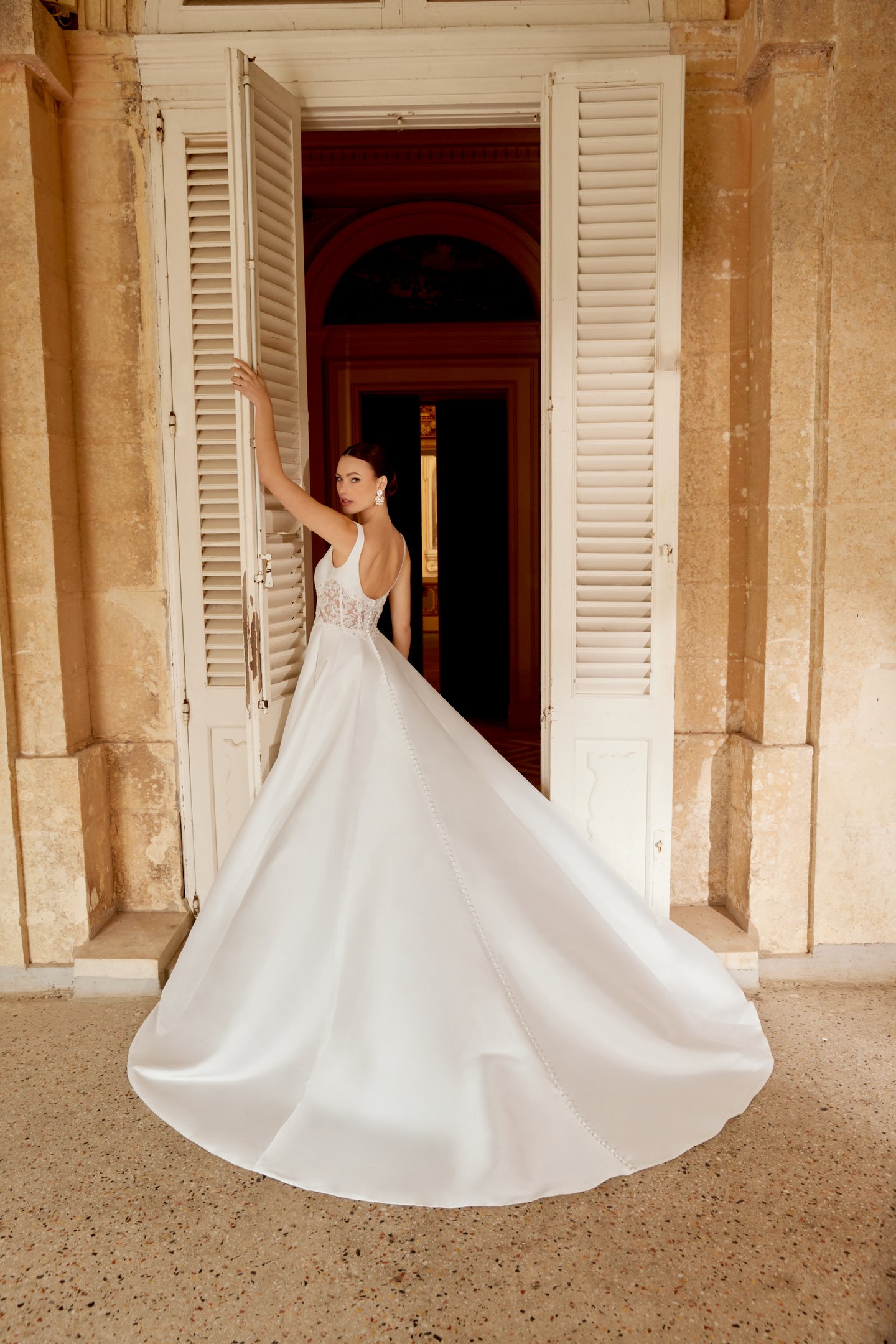Sincerity Bridal Style 44606 Mikado A-Line Dress with Soft Square Neckline and Open Scoop Back Neckline