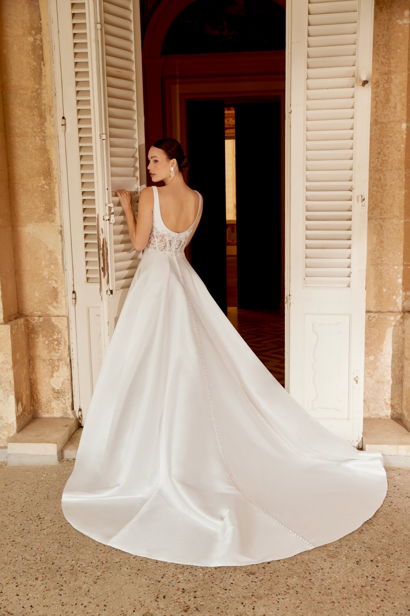 Sincerity Bridal Style 44606 Mikado A-Line Dress with Soft Square Neckline and Open Scoop Back Neckline