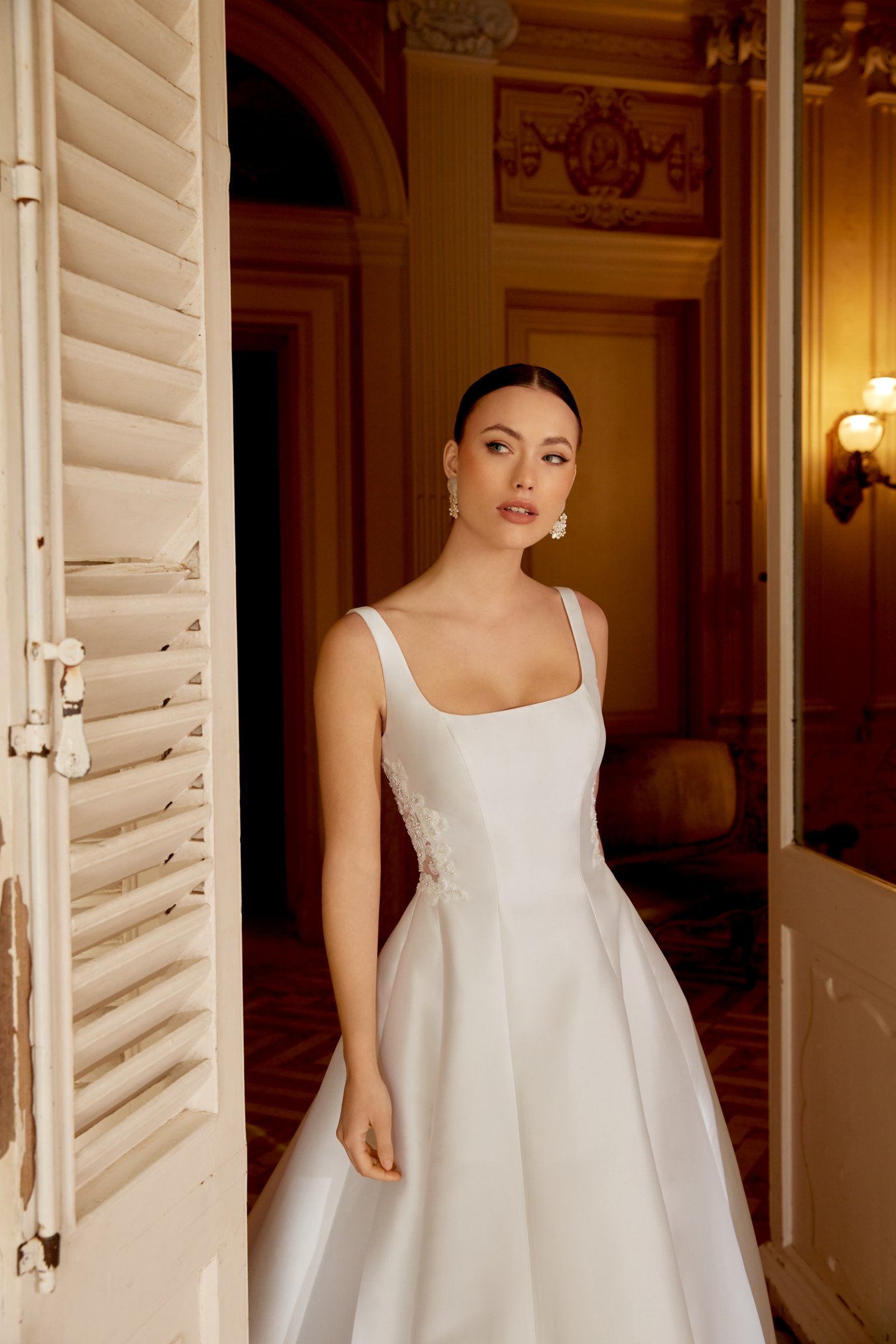 Sincerity Bridal Style 44606 Mikado A-Line Dress with Soft Square Neckline and Open Scoop Back Neckline