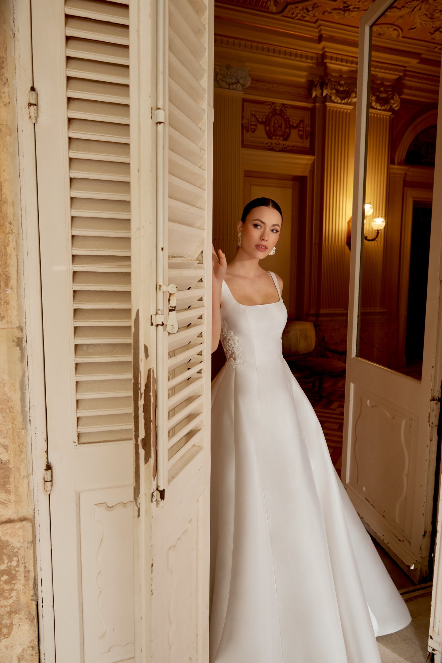 Sincerity Bridal Style 44606 Mikado A-Line Dress with Soft Square Neckline and Open Scoop Back Neckline