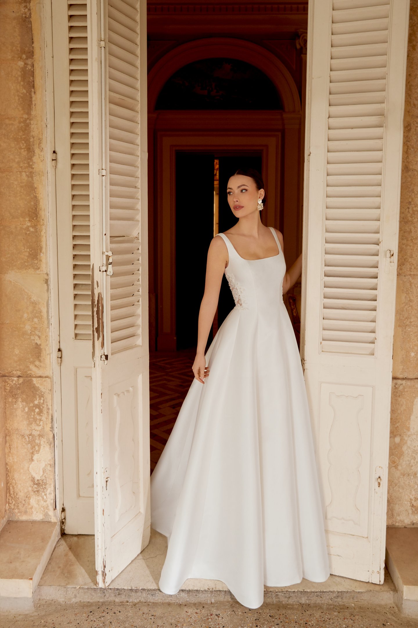 Sincerity Bridal Style 44606 Mikado A-Line Dress with Soft Square Neckline and Open Scoop Back Neckline