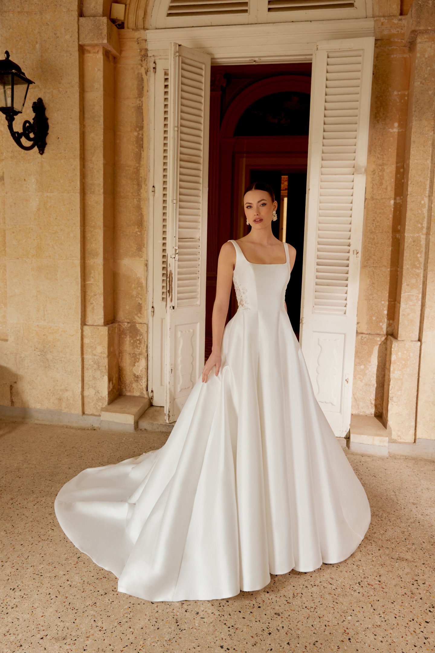 Sincerity Bridal Style 44606 Mikado A-Line Dress with Soft Square Neckline and Open Scoop Back Neckline