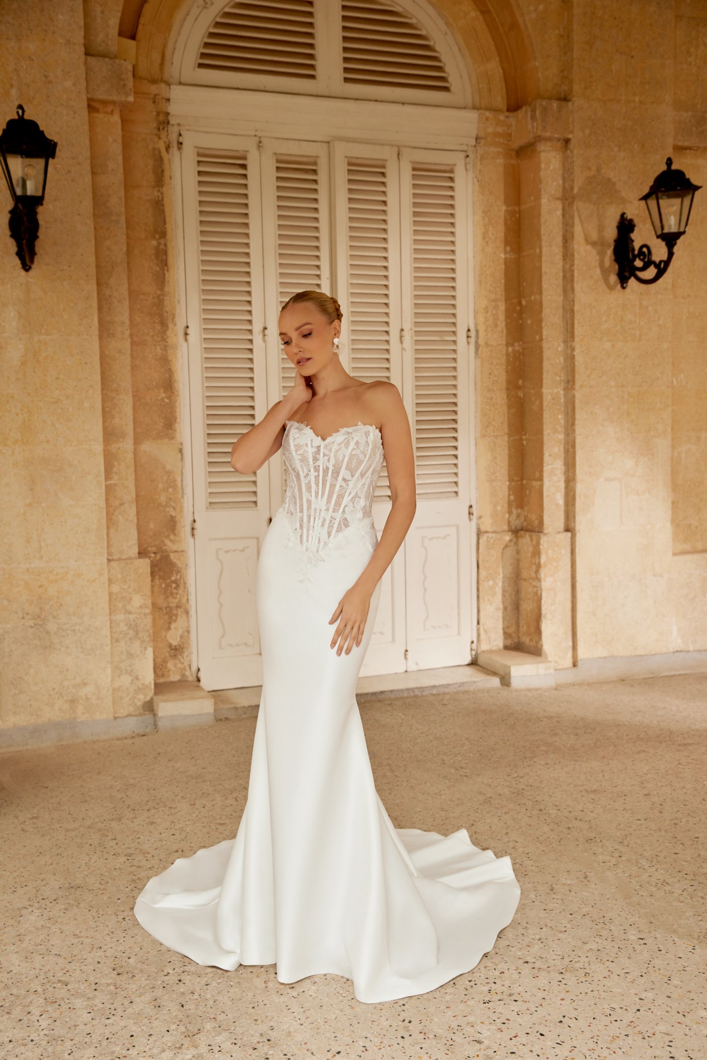 Sincerity Bridal Style 44607 Sweetheart Strapless Fit and Flare Dress with Illusion Bodice and Sequined Lace Appliqués