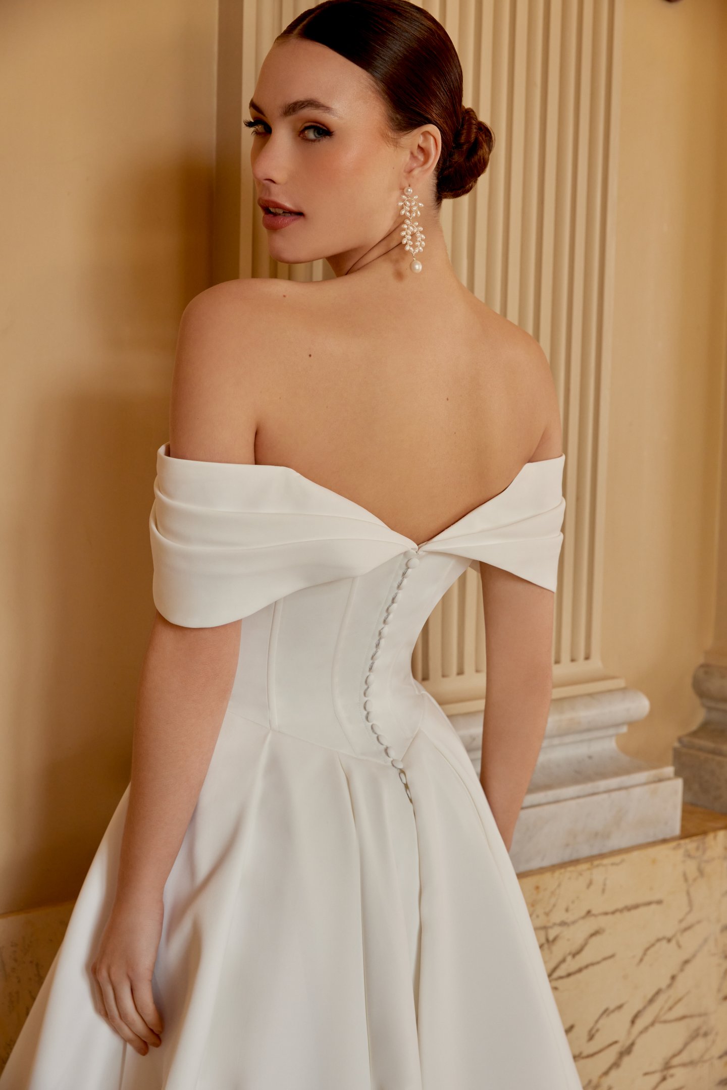 Sincerity Bridal Style 44608 Satin A-Line Dress with Off-the-Shoulder Sweetheart Neckline and Pleated Cuff Detail