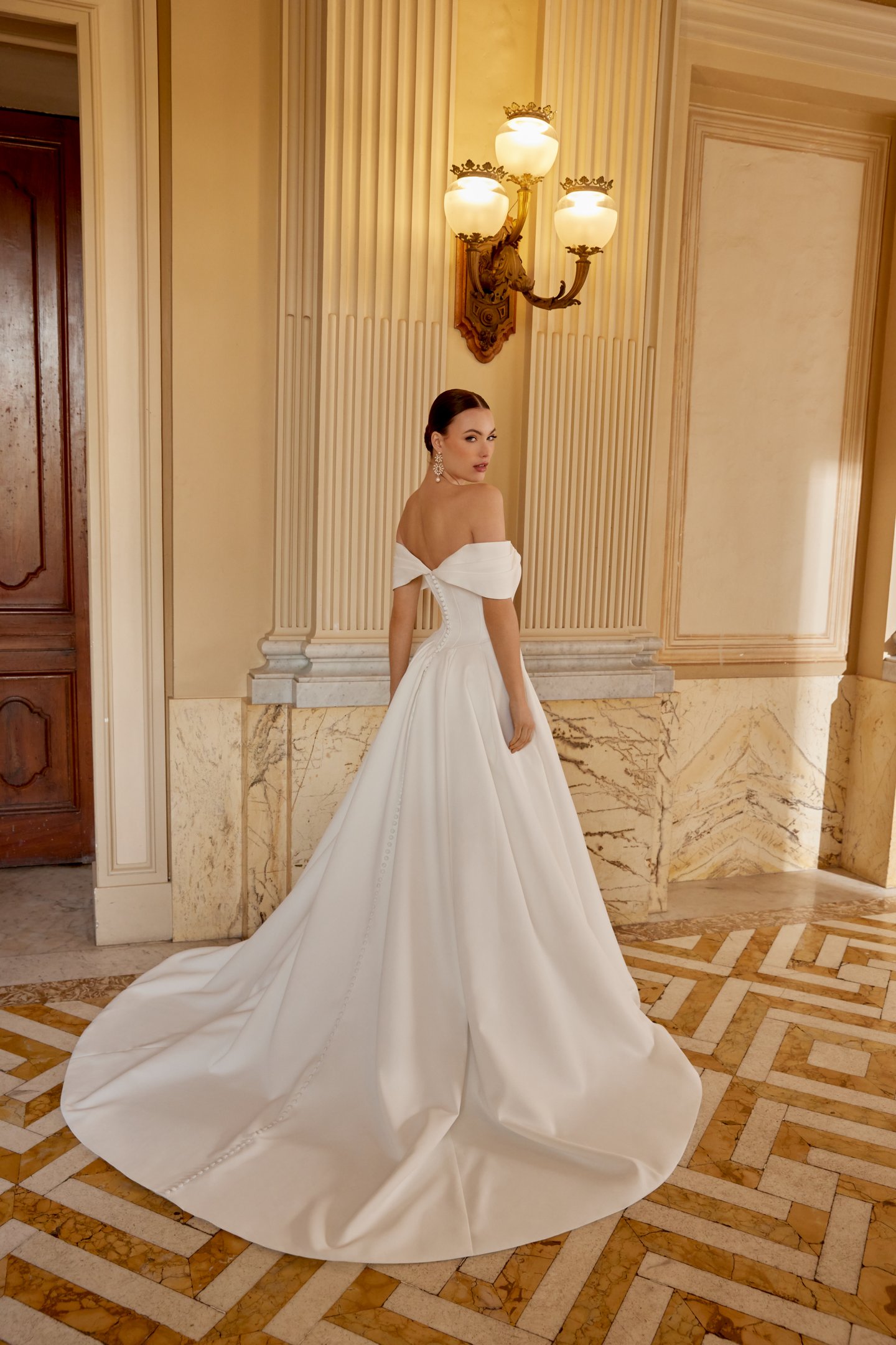 Sincerity Bridal Style 44608 Satin A-Line Dress with Off-the-Shoulder Sweetheart Neckline and Pleated Cuff Detail