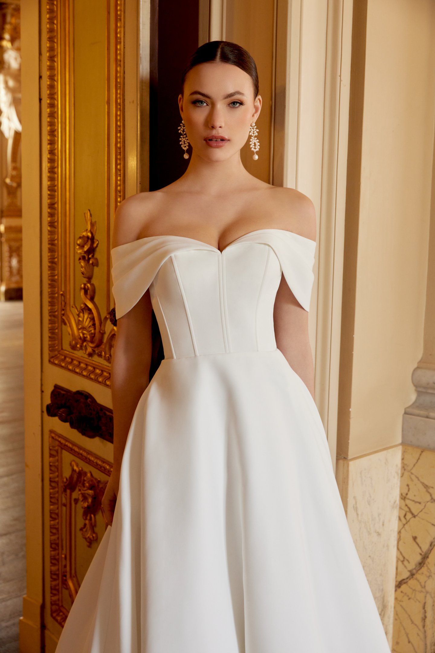 Sincerity Bridal Style 44608 Satin A-Line Dress with Off-the-Shoulder Sweetheart Neckline and Pleated Cuff Detail