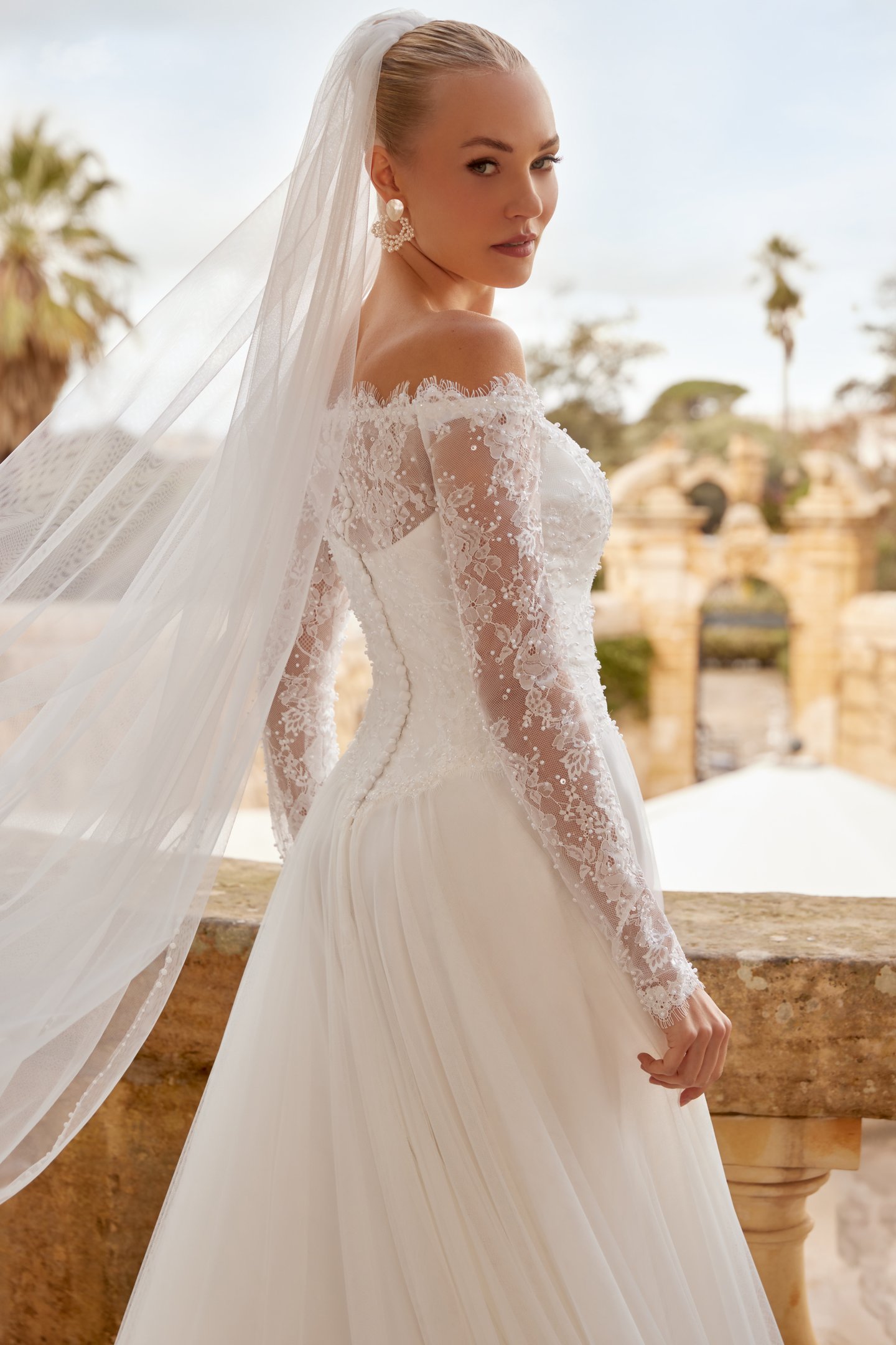Sincerity Bridal Style 44609 Off-the-Shoulder A-Line Bridal Gown with Chantilly Lace Bodice, Scalloped Eyelash Trim, and Basque Waistline