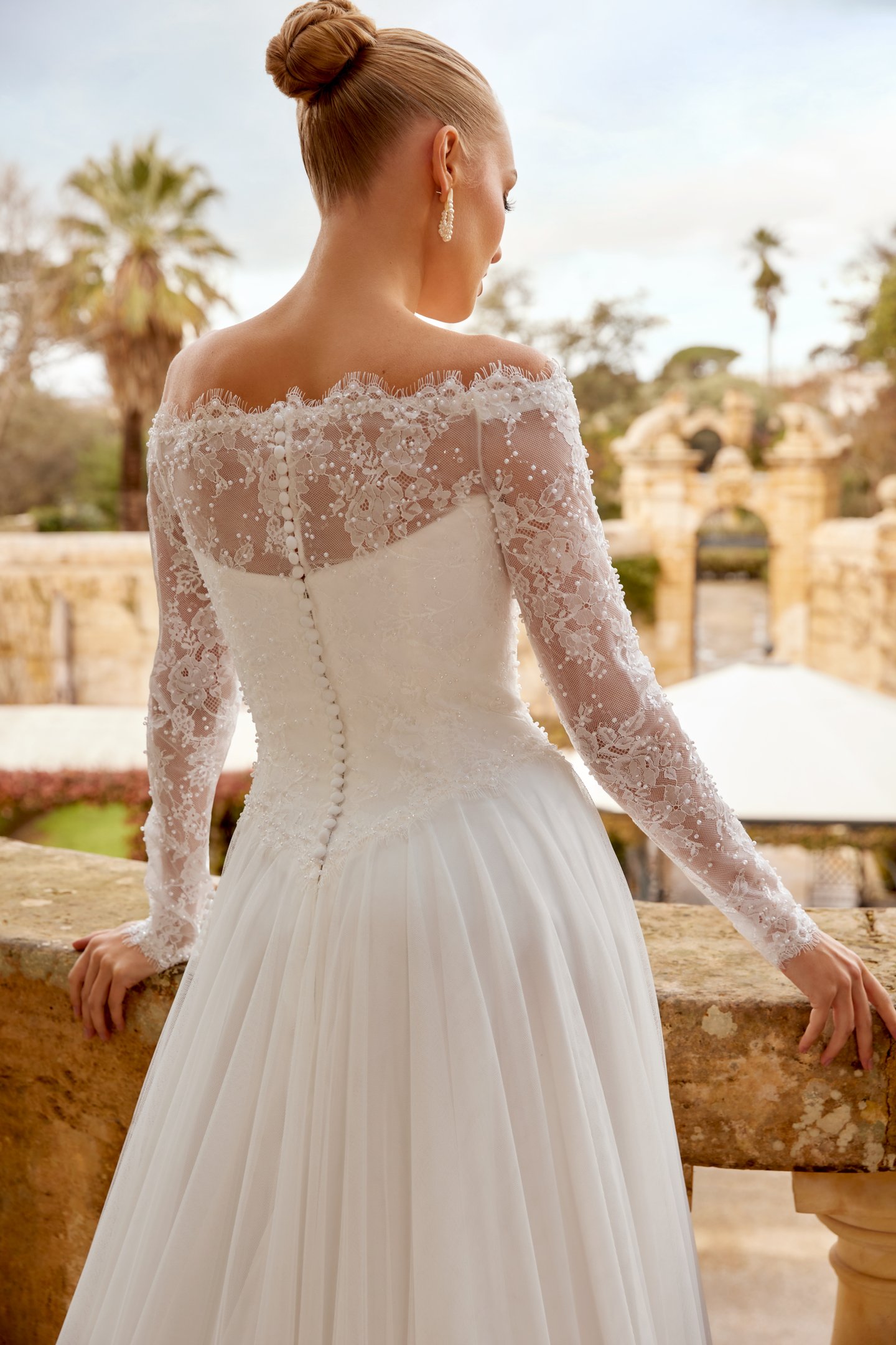 Sincerity Bridal Style 44609 Off-the-Shoulder A-Line Bridal Gown with Chantilly Lace Bodice, Scalloped Eyelash Trim, and Basque Waistline