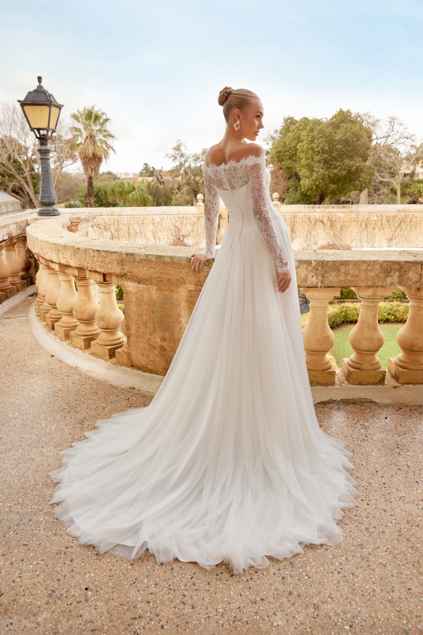 Sincerity Bridal Style 44609 Off-the-Shoulder A-Line Bridal Gown with Chantilly Lace Bodice, Scalloped Eyelash Trim, and Basque Waistline